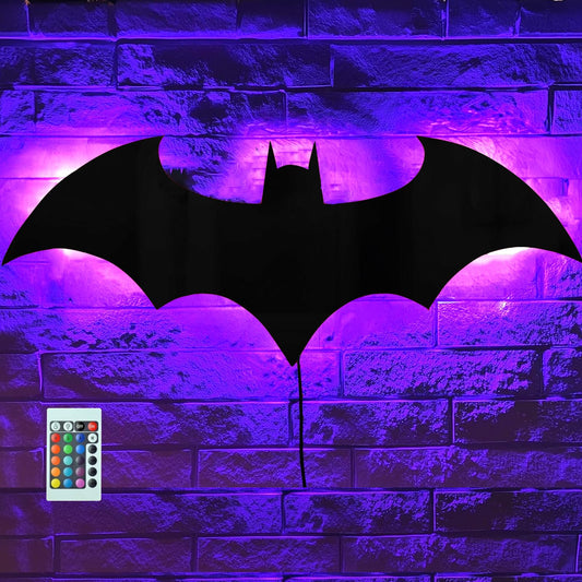Bat Night Light Superhero LED Signal Cool Lamp with 16 Colors Remote Control Wall Sconce Acrylic Engraved Neon Sign Light Room Wall Decor for Bedroom