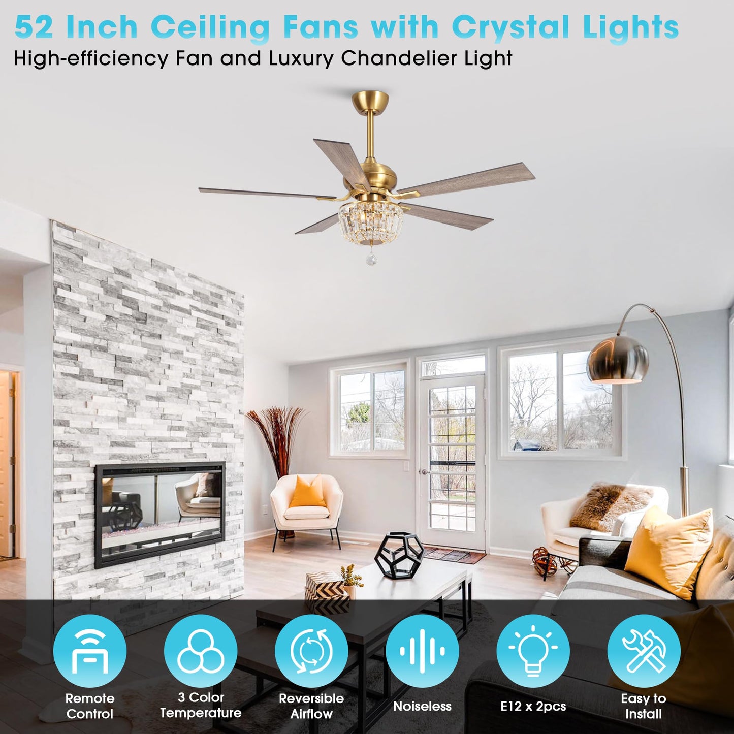52 Inch Gold Ceiling Fans with Lights and Remote Crystal Chandelier Fan