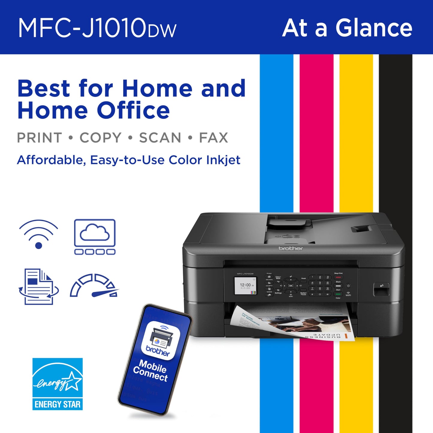 Brother MFC-J1010DW Wireless Color Inkjet All-in-One Printer, Duplex Printing, Mobile & Cloud Print, Compact Design, 1.8" Color Display, Works
