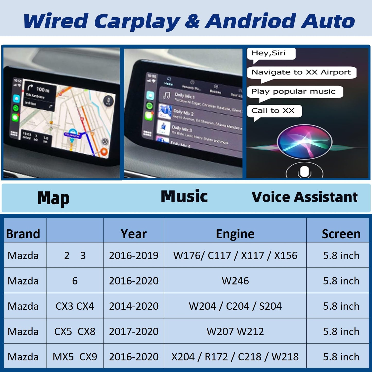 Dasbecan TK78-66-9U0C Mazda Apple Carplay Android Auto Retrofit Kit Compatible with Mazda 2 3 6 CX3 CX5 CX9 MX5 Miata 2014-2020 Adapter Interface Port