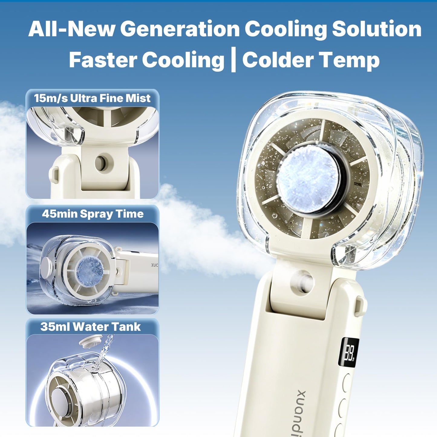 Sovrelon 2-in-1 Handheld Portable Misting Fan with Hydrating Mist & Ice Cooling, 6-Speed High-Speed Rechargeable Mini Cordless Fan, Personal Foldable