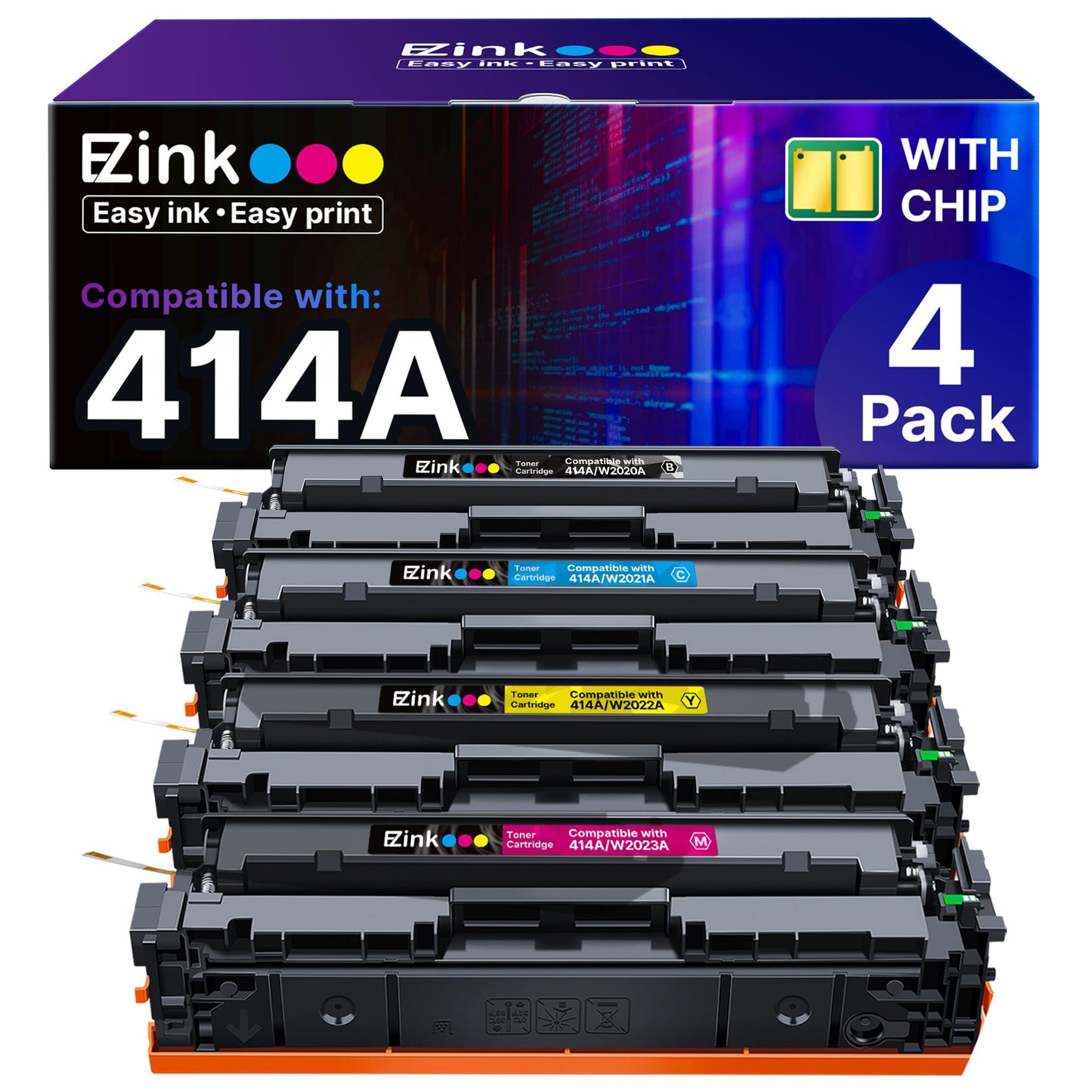 E-Z Ink 414A Toner Cartridges Compatible for HP 414A 414X W2020X, 4 Pack