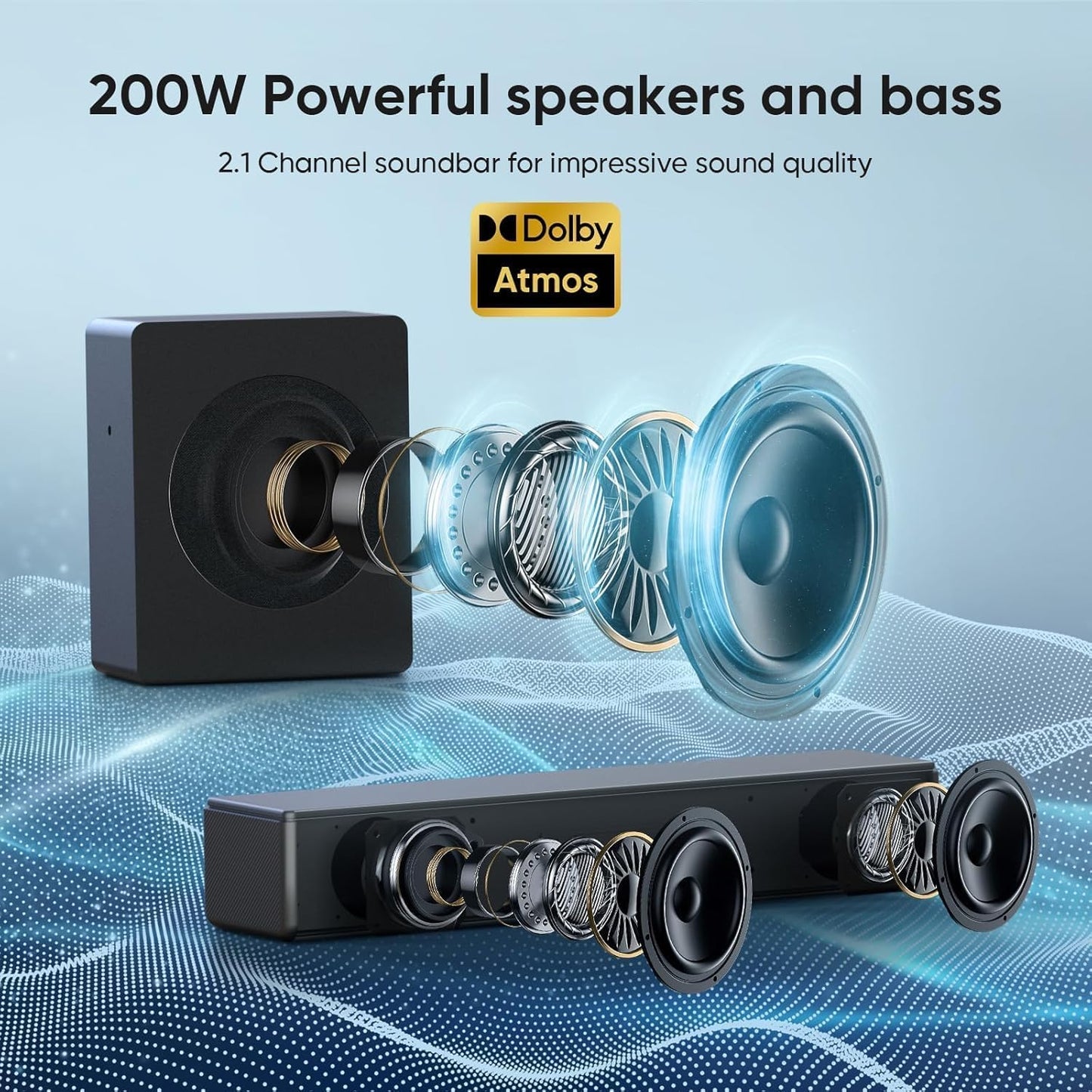 GEOYEAO Sound bar with subwoofer, 100W 2.1 ch soundbar w/Dolby Atmos Surround Sound System, 3D Bass Adjustable Home Theater Bluetooth TV Speaker