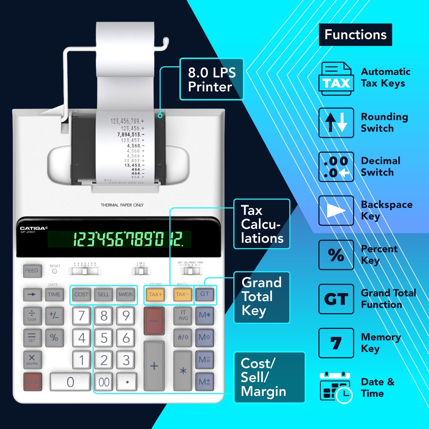 CATIGA 12 Digit Thermal Printing Calculator with Tape Print Out, Ink-Free Adding Machine, 5X Faster Quite at 8.0 LPS, Extra Large Fluorescent Display