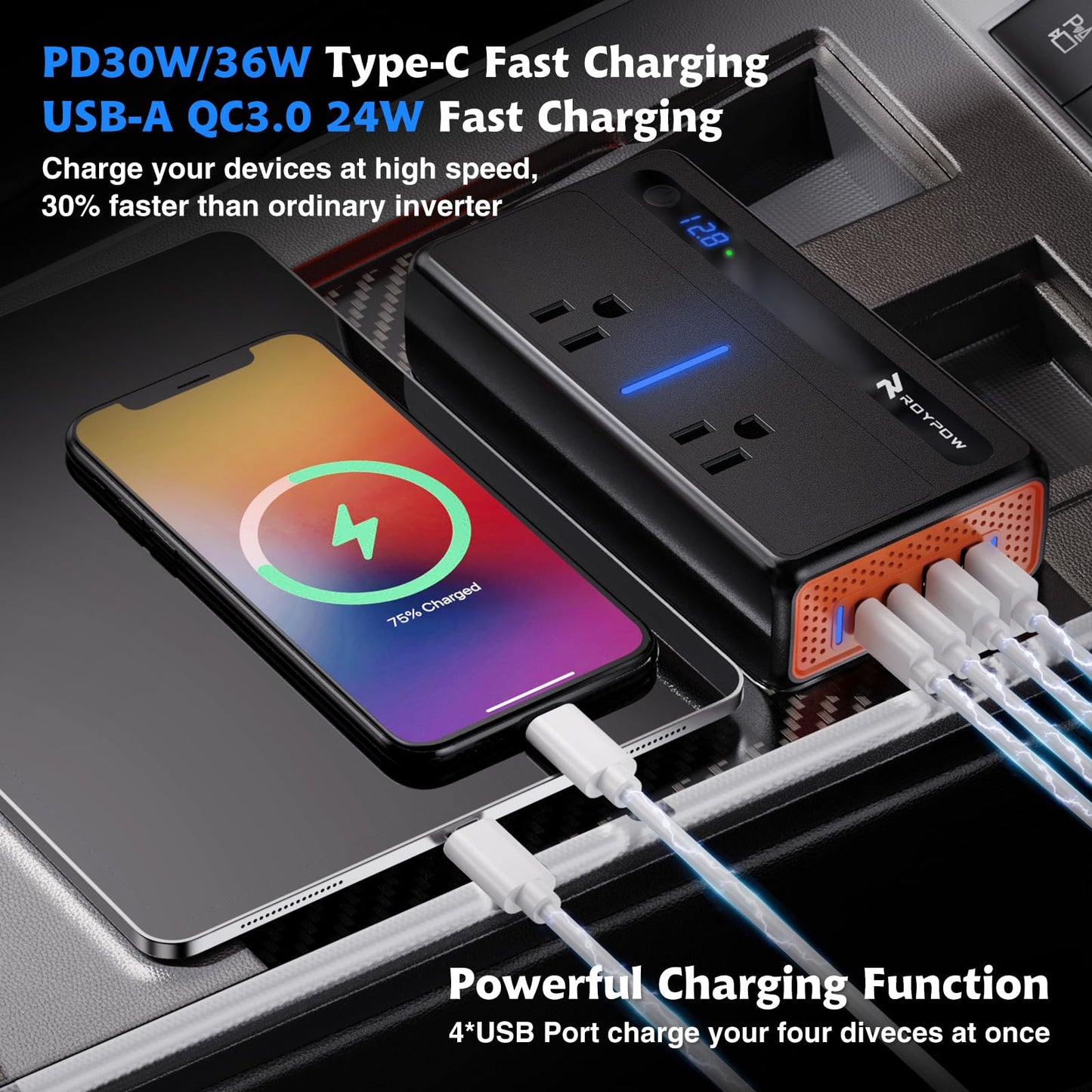 RoyPow 300W Car Power Inverter, DC 12V to 110V AC Power Inverter with Cigarette Lighter Port, Car Plug Adapter Outlet with 3.4A USB-A, QC3.0 24W, PD