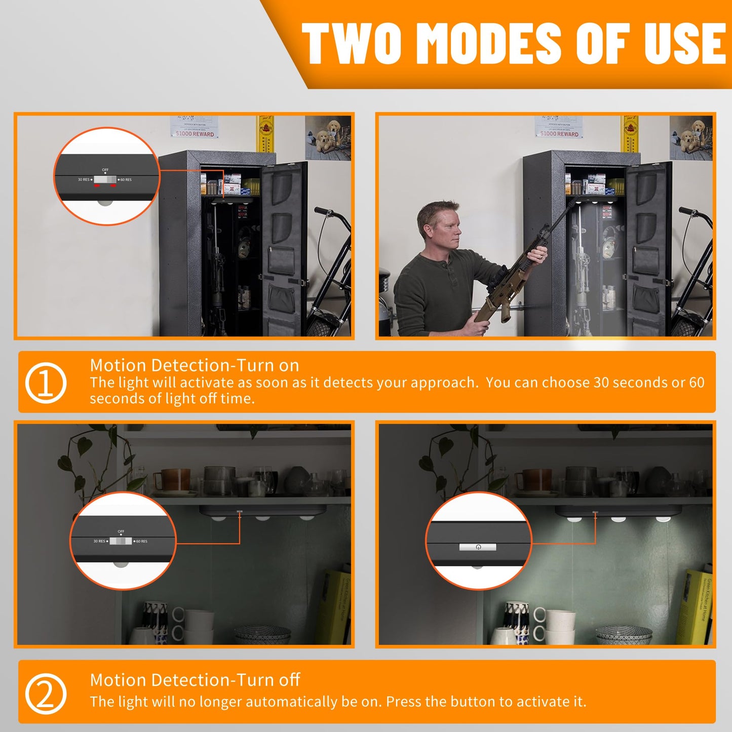 MIND&ACTION Gun Safe Lights,Motion Activated LED Light for Gun Safe Gun Cabinet, Ultra Bright Rotatable LED Lens for Directional Lighting Battery