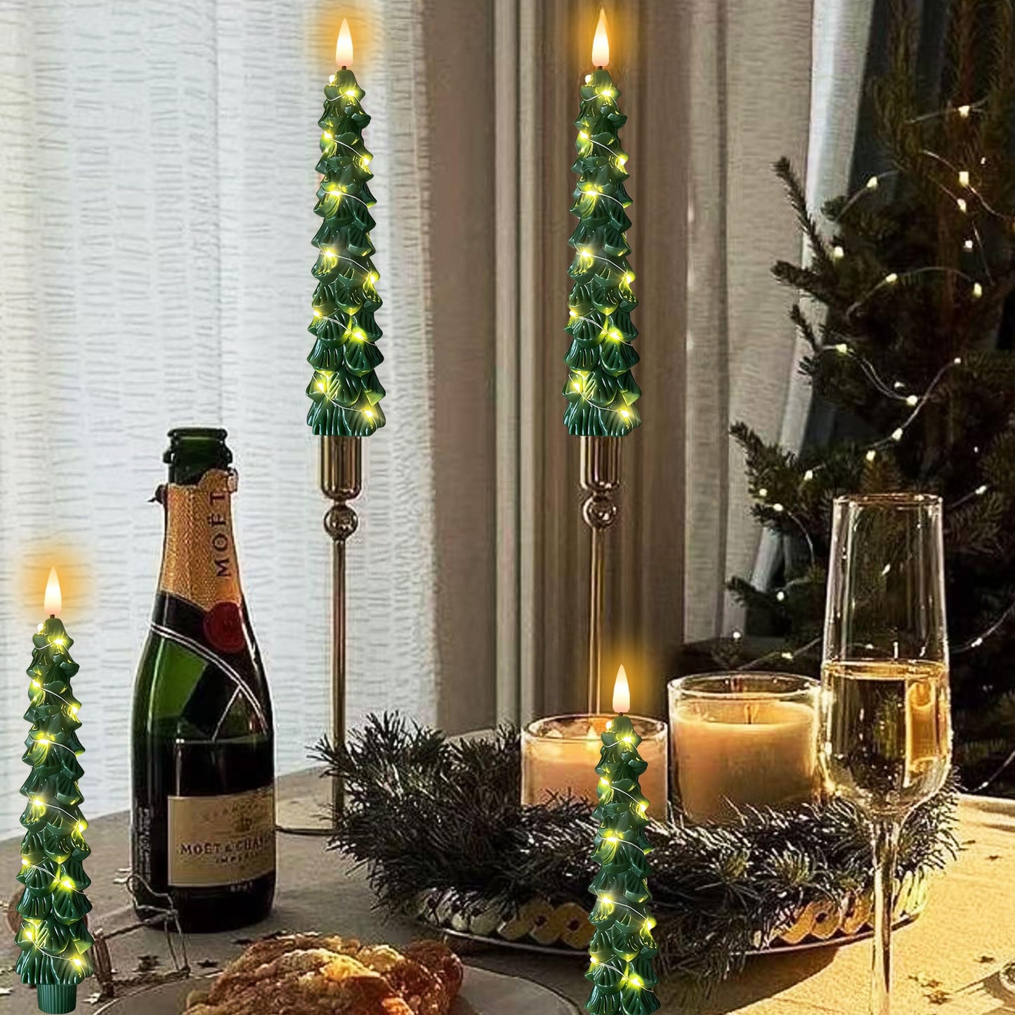 Christmas Tree Taper Candles with Flickering String Lights, 7.9 Inch Flameless Candles with Remote Timer, 2 modes Battery Operated Candle for Table