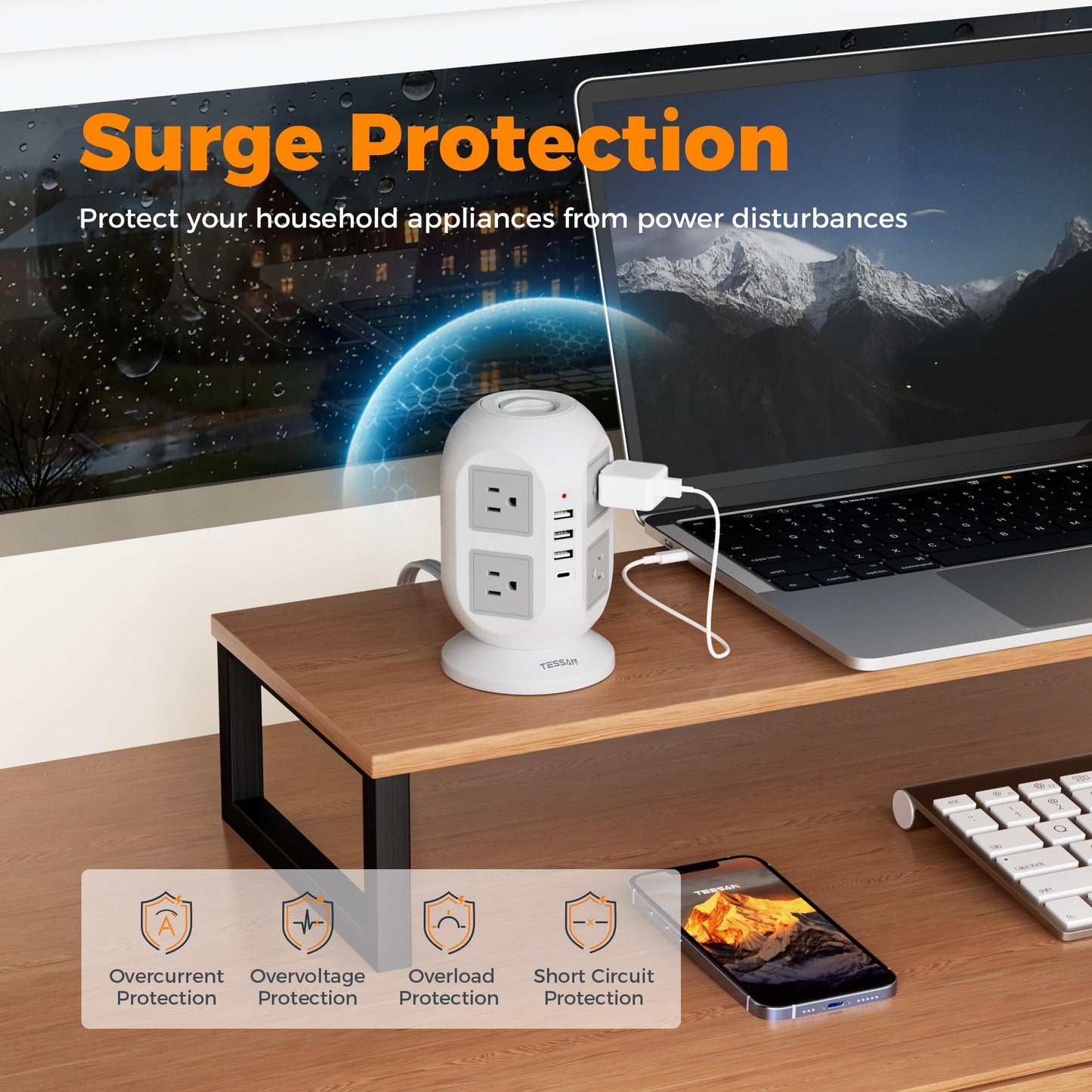 TESSAN Tower Surge Protector Power Strip 10 ft, Long Flat Extension Cord with Multiple Outlets, 8 AC Outlets with 4 USB Ports (1 USB C), Charging