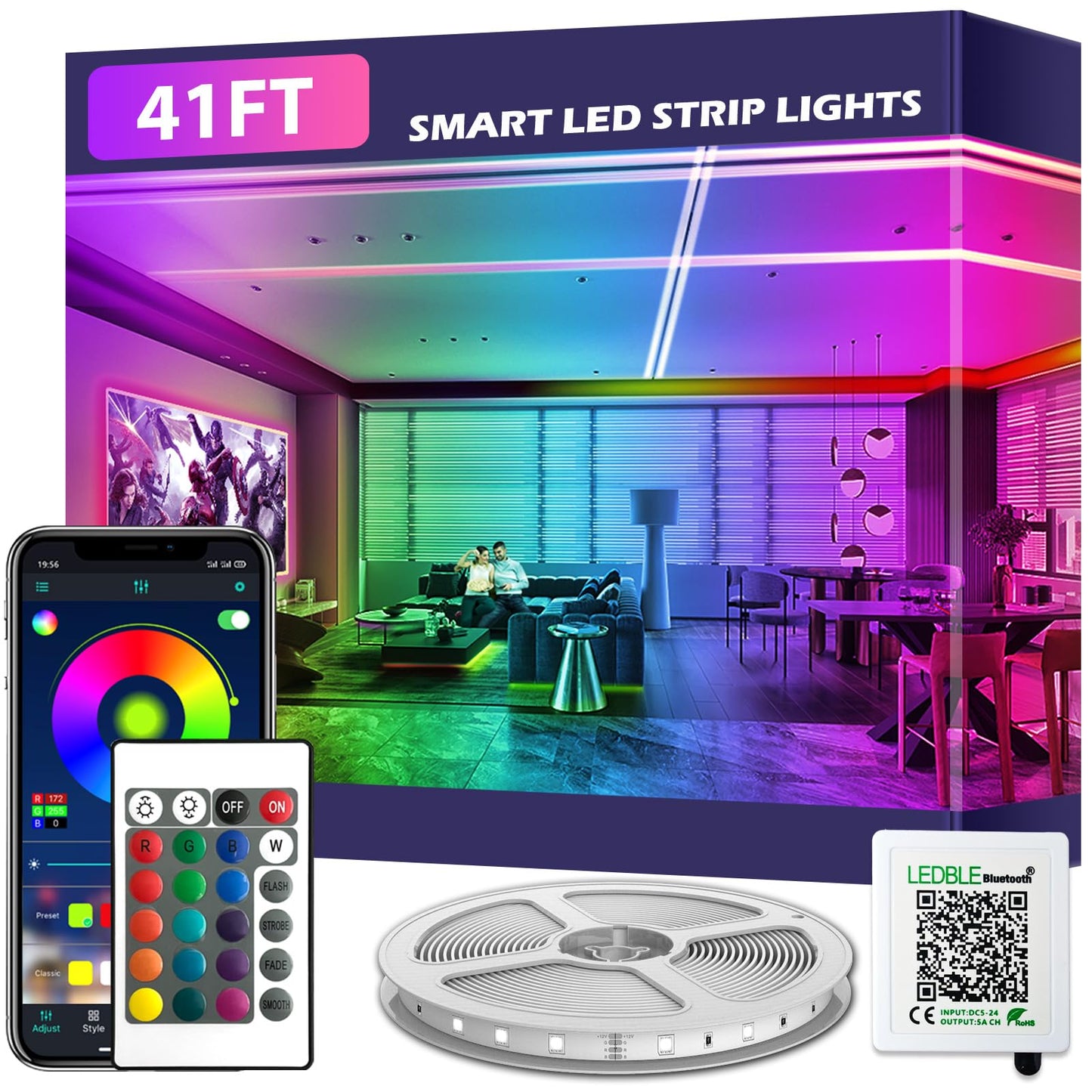 41FT Led Strip Lights,Long Smart Led Light Strips Music Sync 5050 RGB Color Changing Rope Lights,Bluetooth APP/IR Remote/Switch Box Control Led Lights
