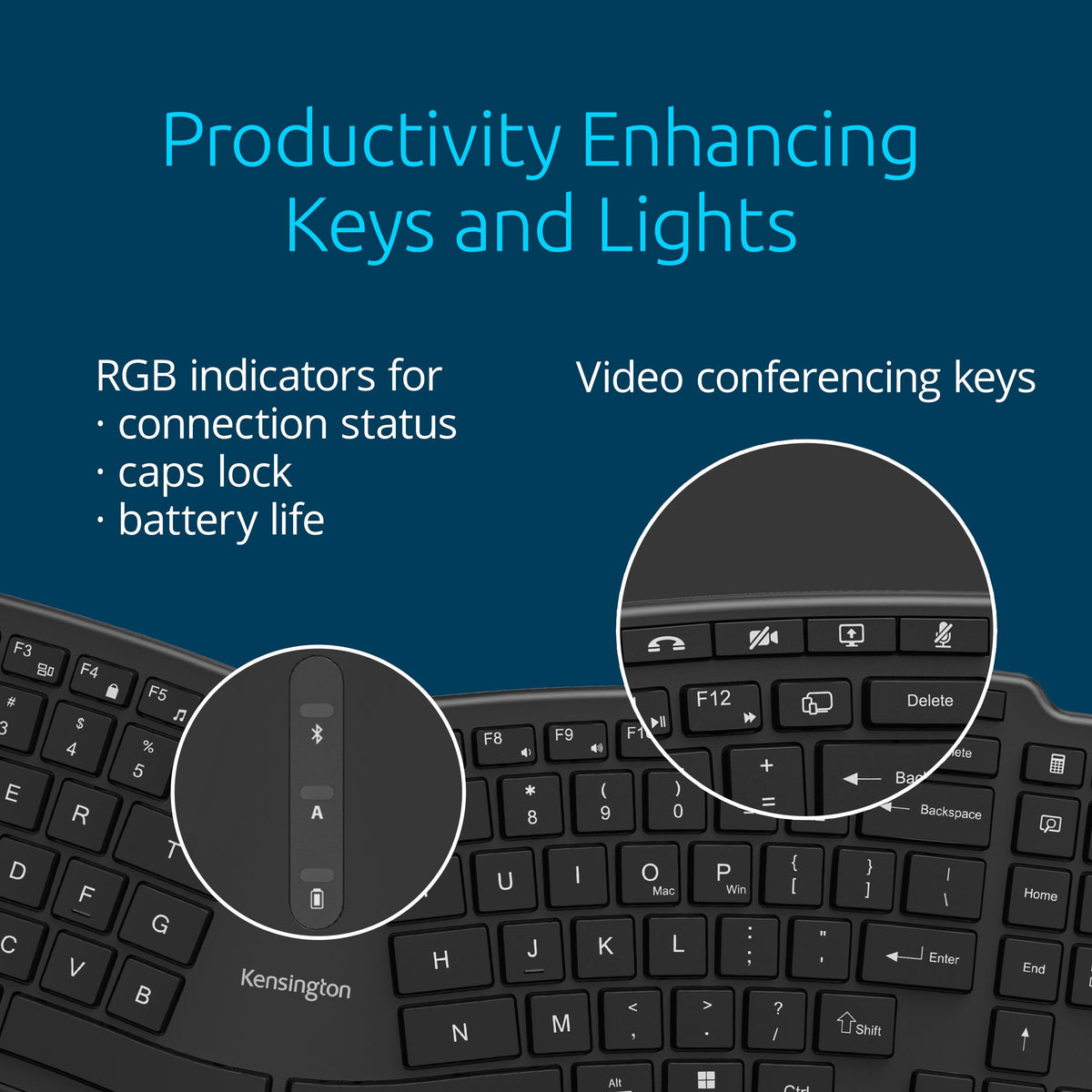 Kensington Pro Fit Ergo TKL Wireless Keyboard KB675, Ergonomic, Rechargeable, Bluetooth & 2.4GHz Connection, Programmable Keys, Black, K75491US