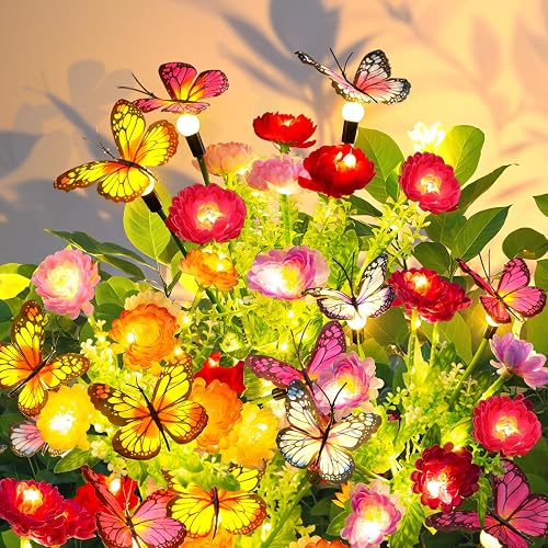 GARPAR Solar Garden Lights, 6 Pack Swaying Solar Lights with 18 Butterflies & 42 Blooming Flowers, Solar Flowers Lights Outdoor Waterproof, Solar