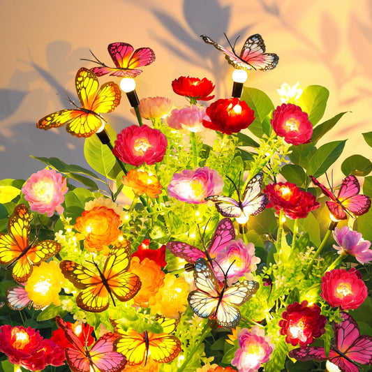 GARPAR Solar Garden Lights, 6 Pack Swaying Solar Lights with 18 Butterflies & 42 Blooming Flowers, Solar Flowers Lights Outdoor Waterproof, Solar
