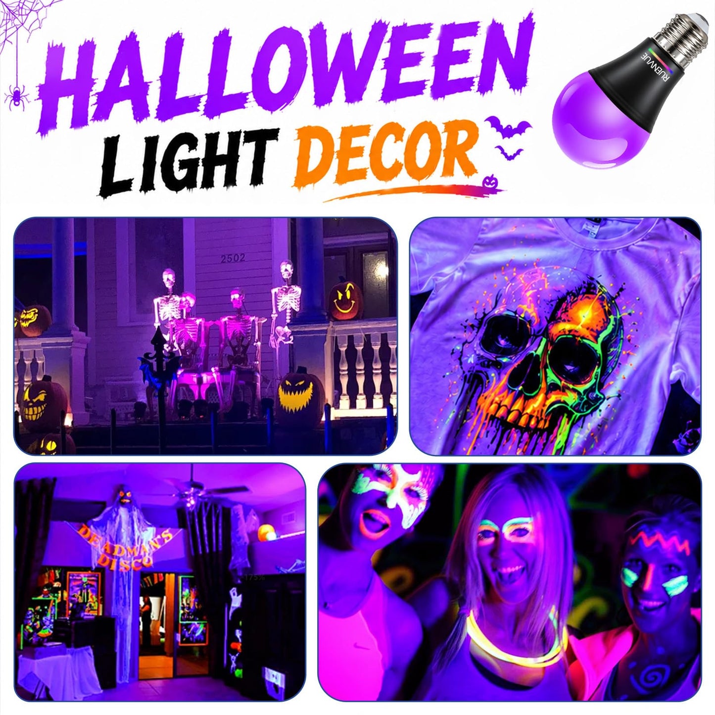 2 Pack LED Black Light Bulbs, 12W UV Blacklight Bulb Replace Up to 100W, A19 E26 Base, UVA 385-400nm for Glow in The Dark Parties, Fluorescent
