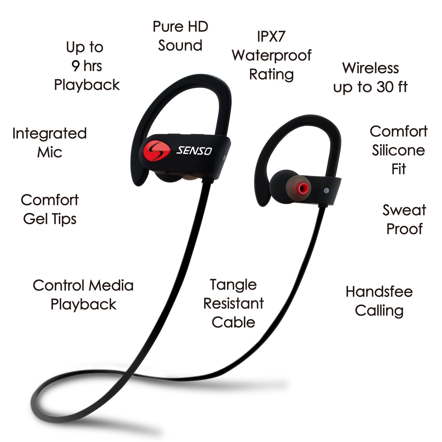 SENSO Bluetooth Headphones, Best Wireless Sports Earbuds w/Mic IPX7 Waterproof HD Stereo Sweatproof Earphones for Gym Running Workout Noise Cancelling