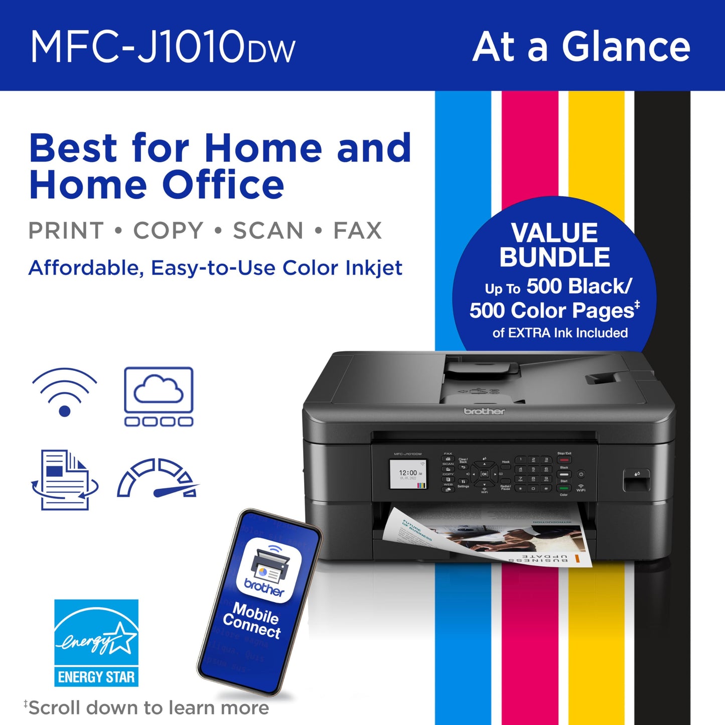 Brother MFC-J1010DW Wireless Color Inkjet All-in-One Printer Additional Ink Bundle with High-Yield Black and Color Genuine Ink Cartridges