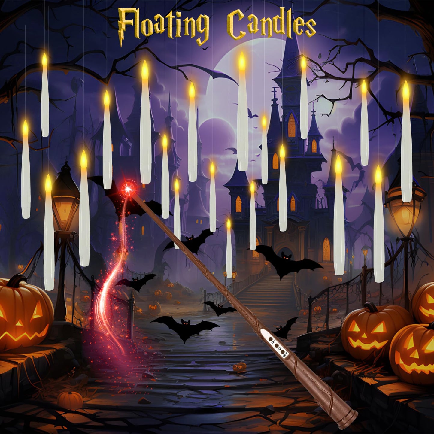 Dreacompy Halloween Decoration, Floating Candles with Wand, 10 PCs Flameless Magic Hanging Candles with 11 AAA Battery, Flickering Warm Light Floating