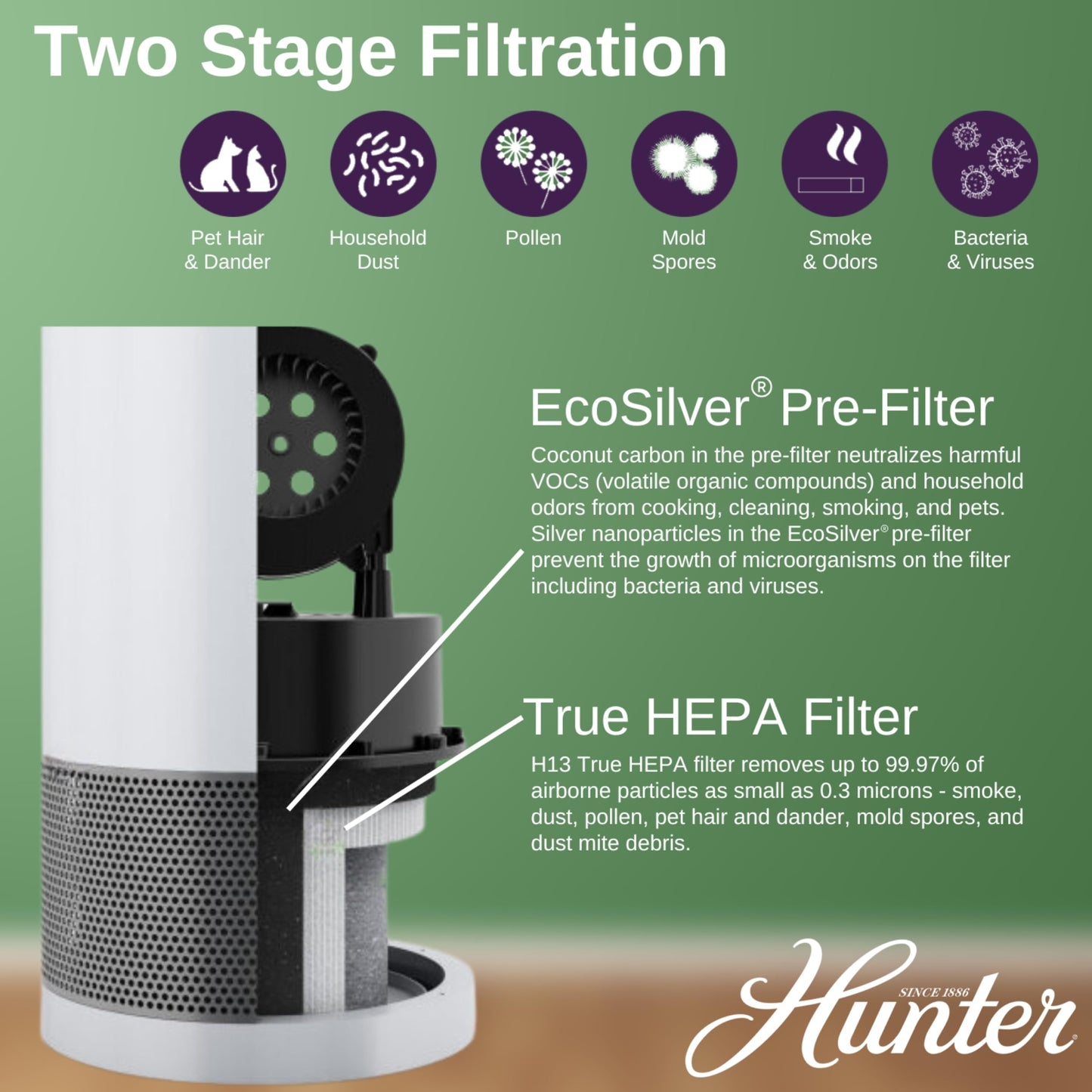 Hunter HP400 Round Air Purifier for Odors, and Allergens, Sage and Silver