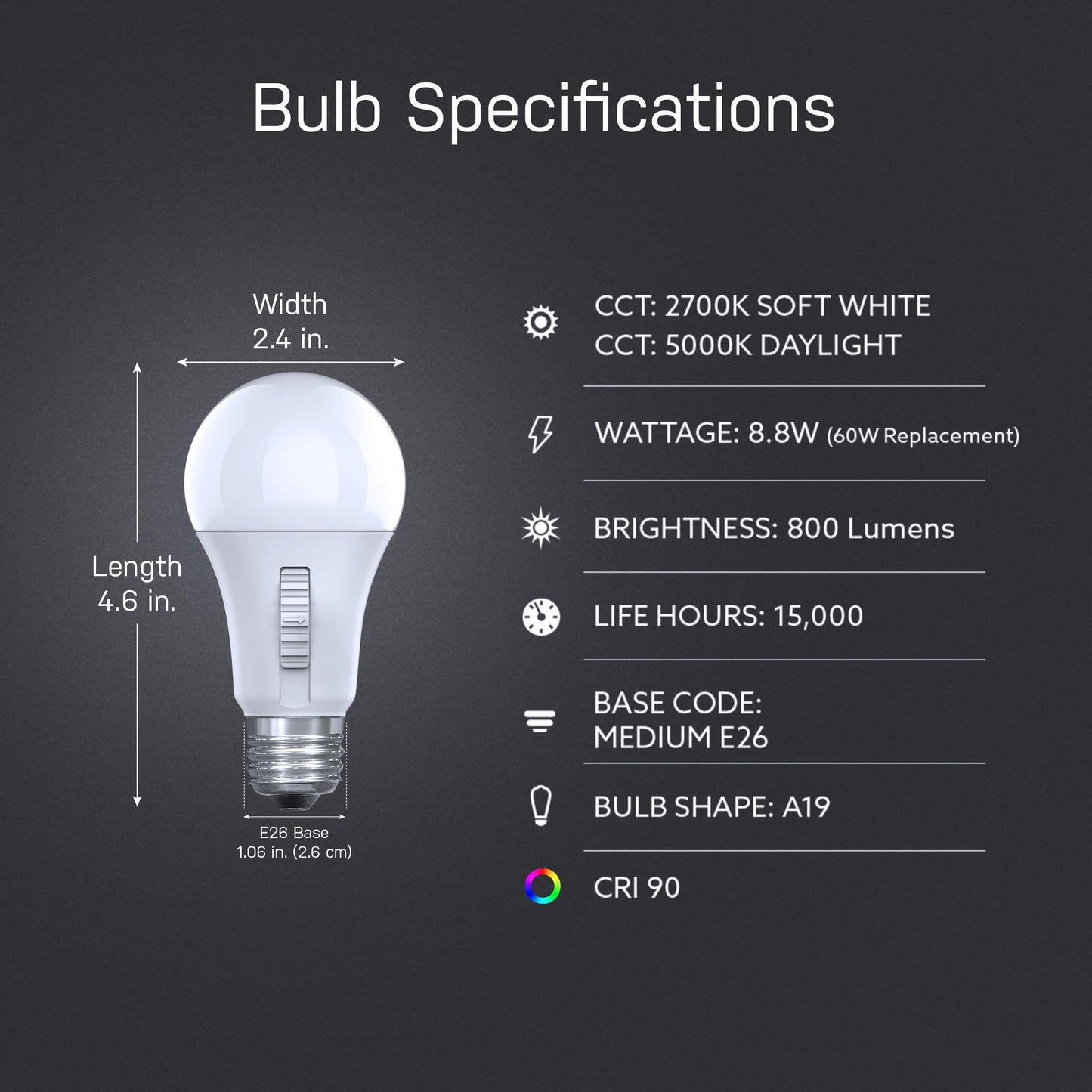 Feit Electric A19 LED Light Bulb, 60W Eq, 2CCT, 800 Lumens, E26 Base
