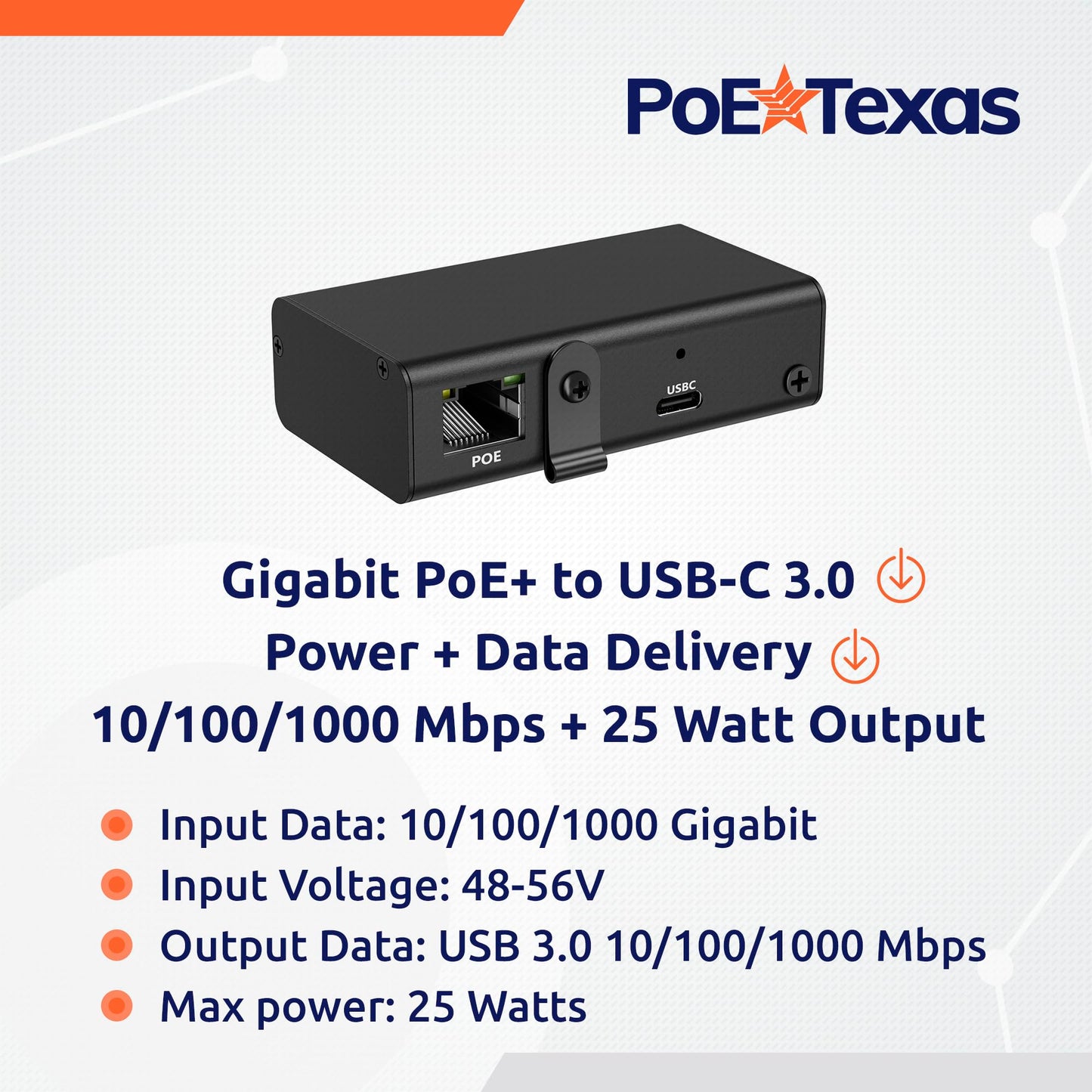 PoE Texas Gigabit PoE+ to USB-C Adapter - 25 Watt Power and Data Delivery - Active IEEE 802.3at Power and Ethernet Adapter with an Aluminum Housing
