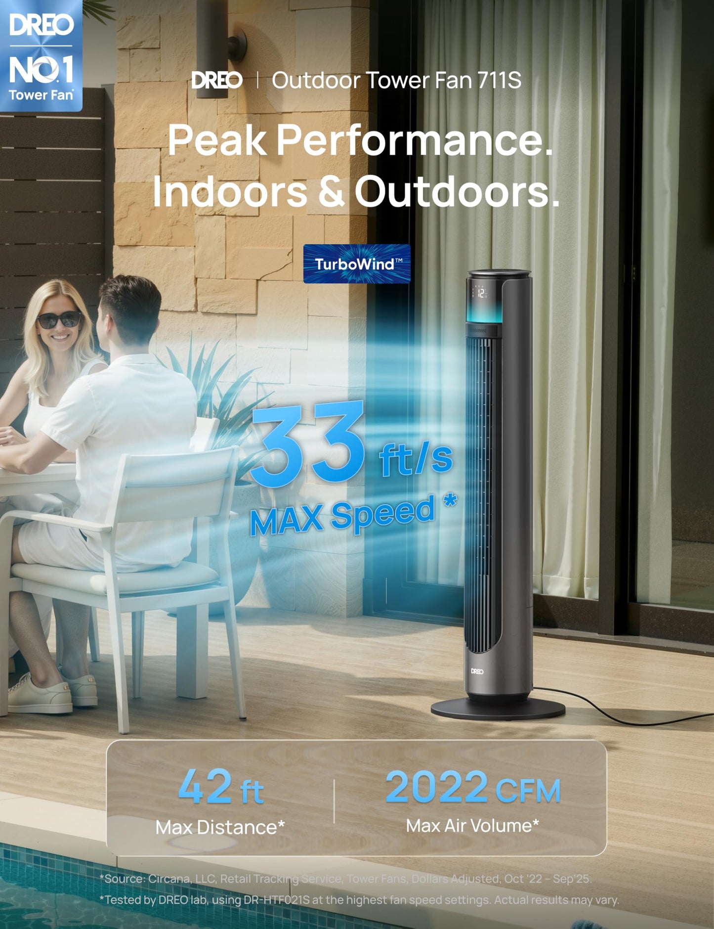 DREO Smart Tower Fan for Indoor & Outdoor Use, 33 ft/s High Velocity, 20 dB