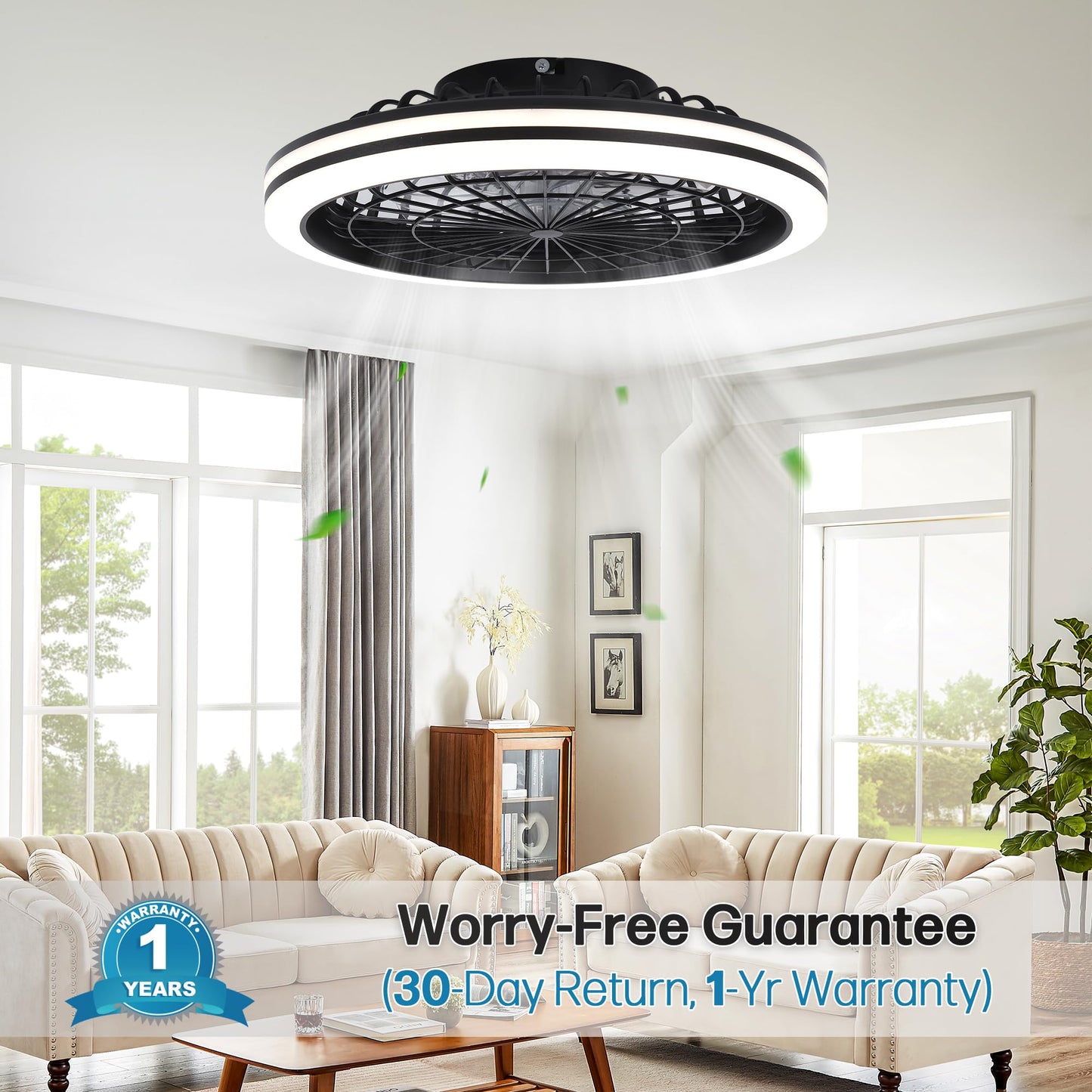 CYANAVIS 20-Inch Enclosed Ceiling Fan with Light and Remote, Low Profile Flush Mount Fan, Dimmable LED, 6 Speeds, Reversible DC Motor for Bedroom