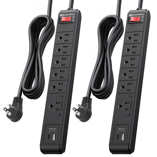 [ETL Listed] Cable Matters 2-Pack 6-Outlet Surge Protector Power Strip with USB C and USB Ports - 8ft Extension Cord, Surge Protector with USBC