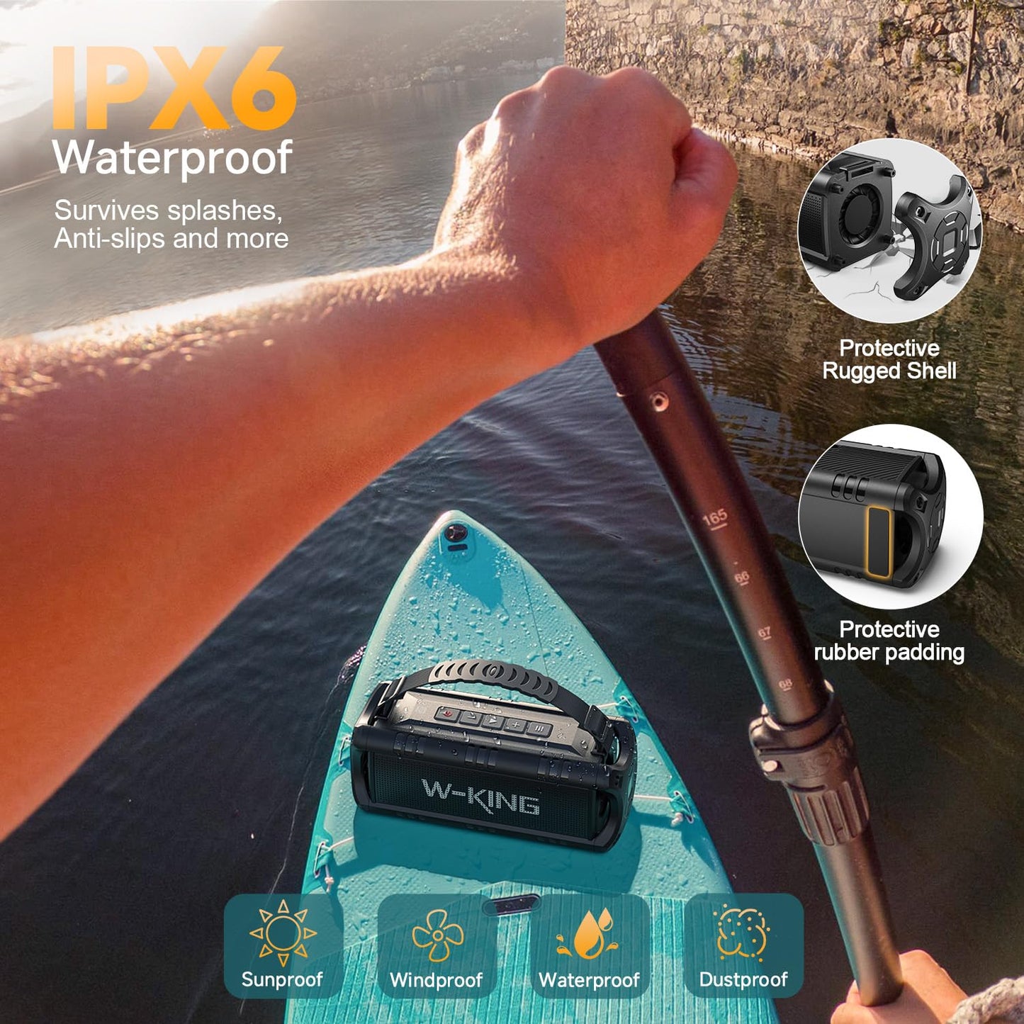 W-KING Portable Bluetooth Speakers Wireless, (60W Peak) 30W RMS IPX6 Waterproof Outdoor Loud Speaker Boombox, 24H, EQ, AUX, TF Card, USB Playback