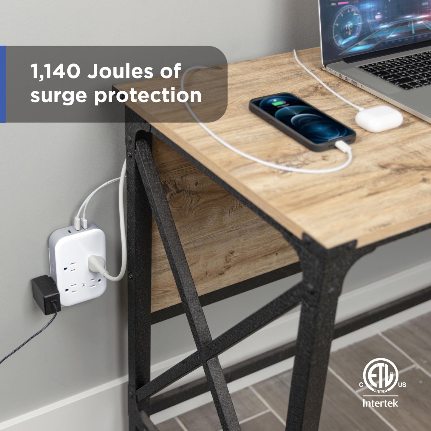 GE All-in-One Surge Protector Wall Tap, 8 Outlets (4 Grounded + 4 Polarized), 2 USB-C & 1 USB-A, 15W Shared, 1140J, Circuit Breaker, ETL Certified