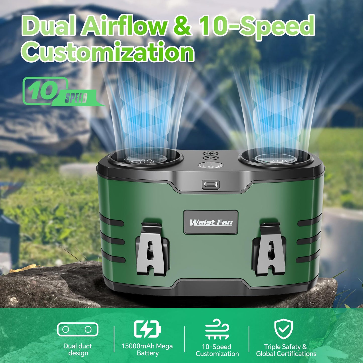 20000mAh Waist Fan for Men Women, Rechargeable Belt Fan With LED Light, Dual Motor Hands-Free, Wearable Personal Cooling Fan for Construction HVAC
