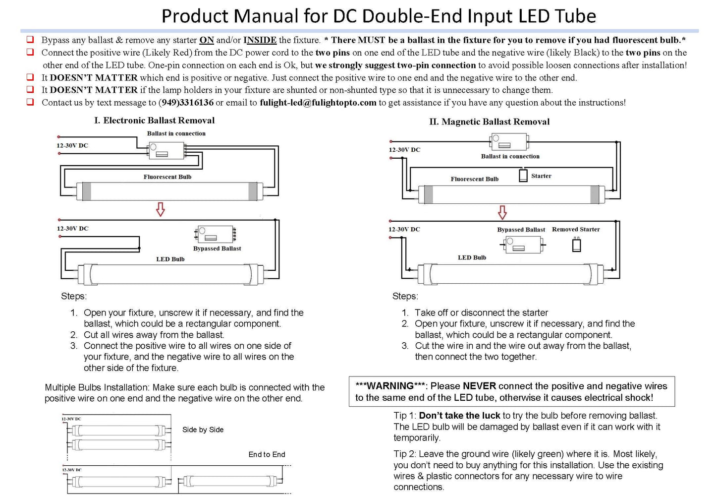 Fulight Type B & 12-30V DC F8T5 LED Tube, 12-Inch (11-7/8-IN), Cool 4000K