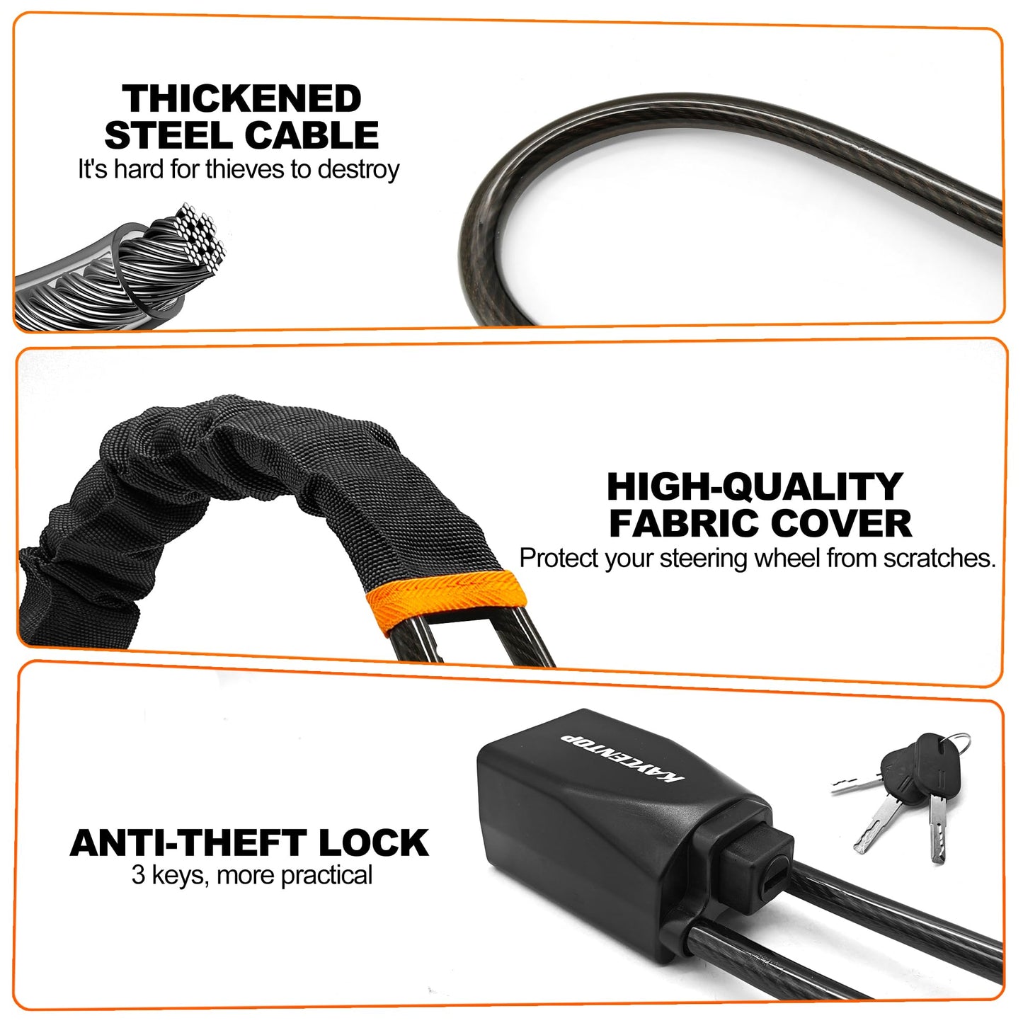 KAYCENTOP Car Steering Wheel Lock, Seat Belt Lock, Anti-Theft Device, Max 17 Inch Length, Small and Light-Weight, Multi-Functional, Fit Most Vehicle