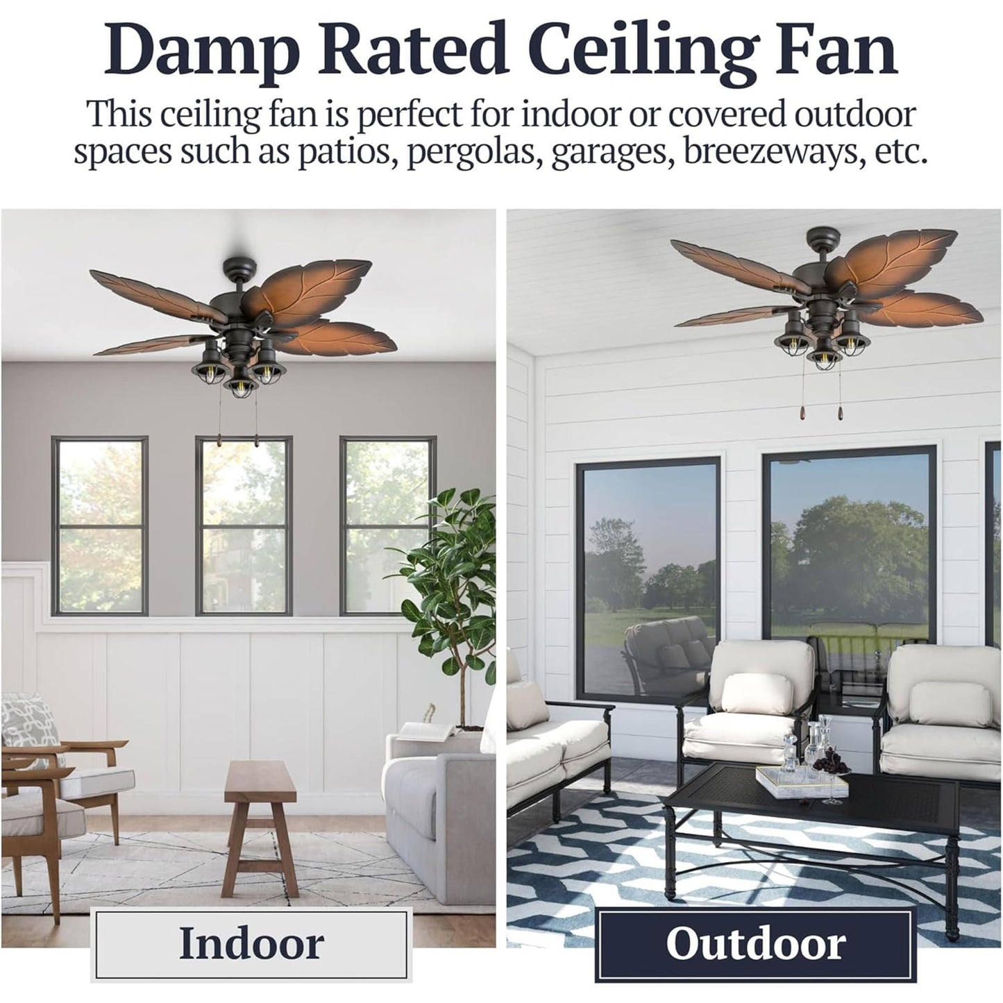 Prominence Home Ocean Crest 52 Inch Tropical Indoor Outdoor Ceiling Fan with LED Light, Pull Chain, 5 Leaf Blades with Reversible Motor, Bronze