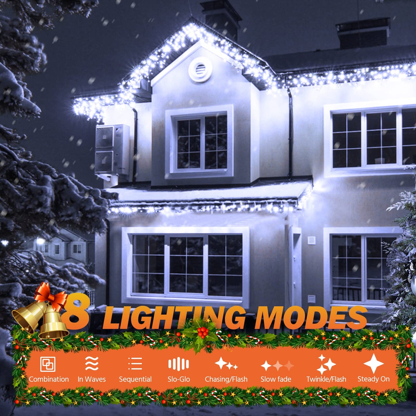 USOKYO Icicle Christmas Lights, 62FT LED Icicle String Lights with 144 Drops, Outdoor/Indoor Use, 8 Modes, Cool White