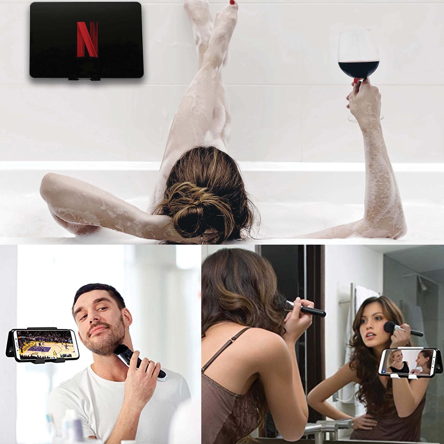 AIRSTIK Cell Phone Holder for Glass Shower, Mirror & Window | Universal Micro-Suction Mount with Removable Back Plate | Reusable & Waterproof