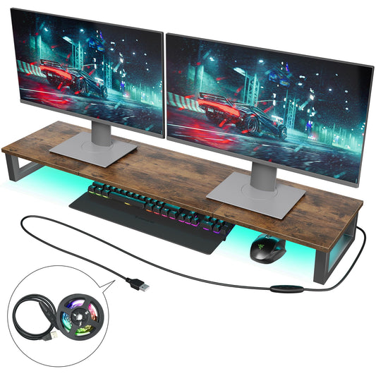 OROPY Dual LED Monitor Stand with RGB Strip Lights, 37.7" Large Computer Stand for 2 Monitors, Long Wood Desk Riser Shelf for TV, Laptop, Printer