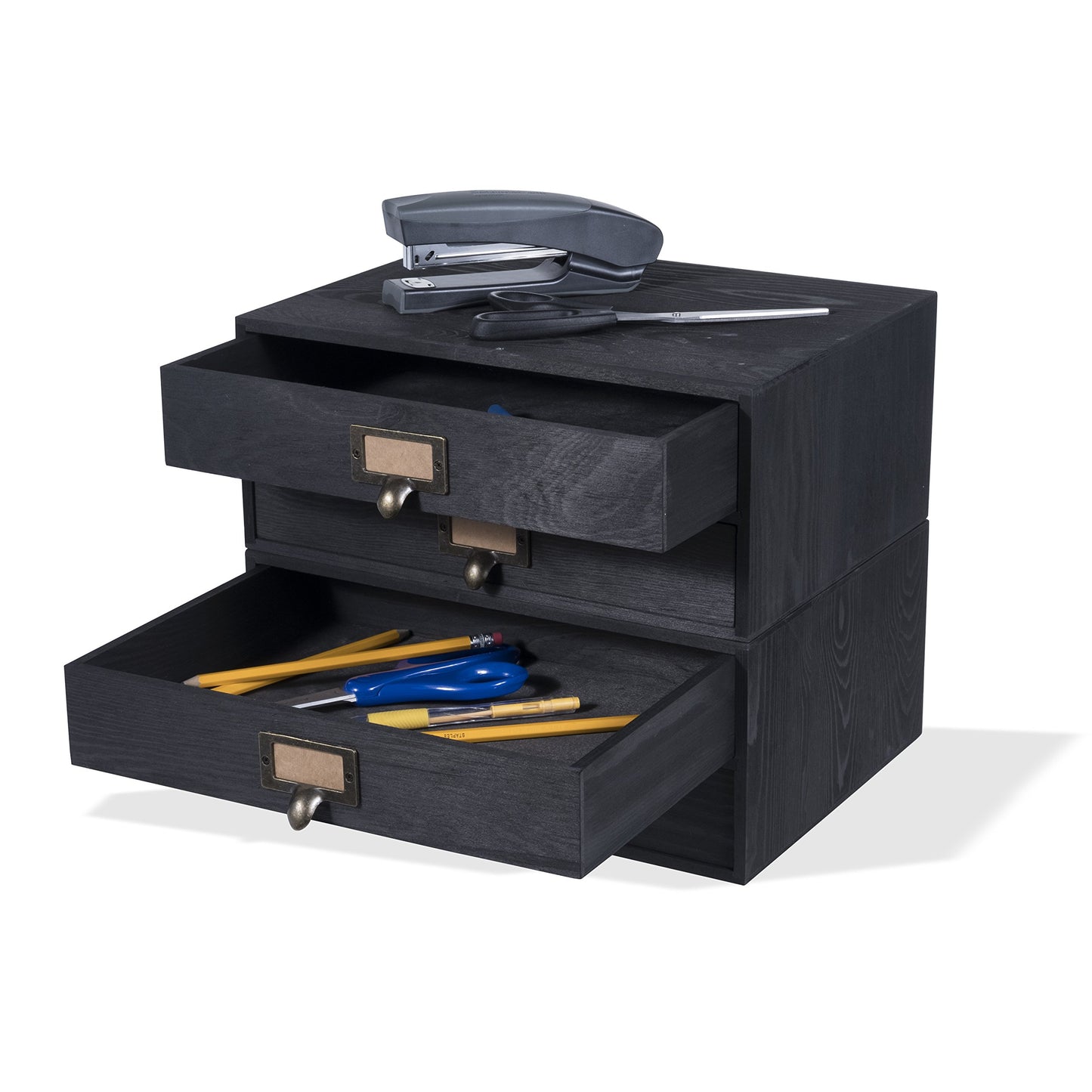 Wallniture Home Office Desktop Organizer - 2 Drawer Wooden Monitor Riser - Printing Paper Storage Solution Set of 2 (Black)