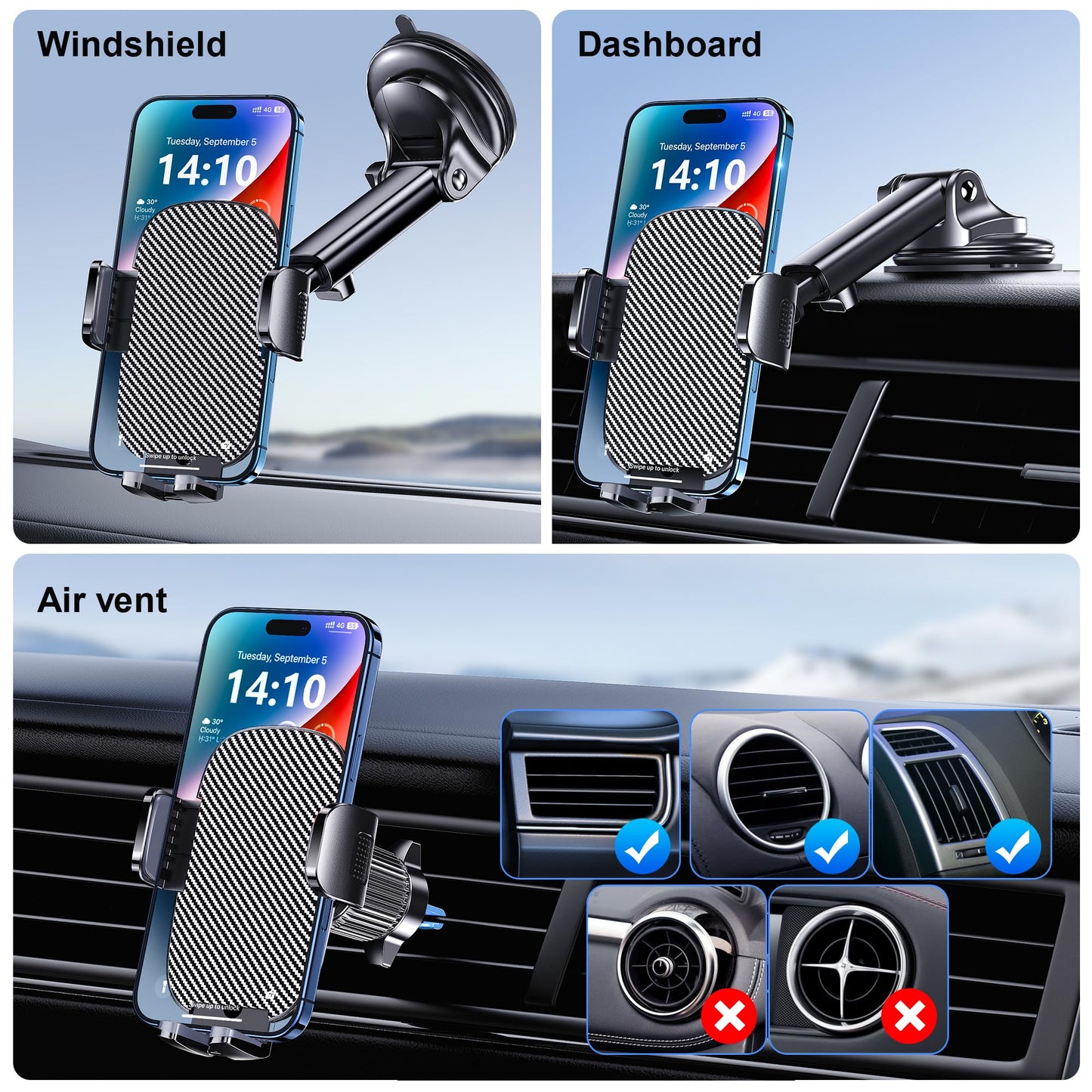 GUWEZ Phone Holder Car Mount for iPhone [Powerful Suction] Phone Mount for Car Dashboard Windshield Air Vent Universal Accessories [Thick Cases