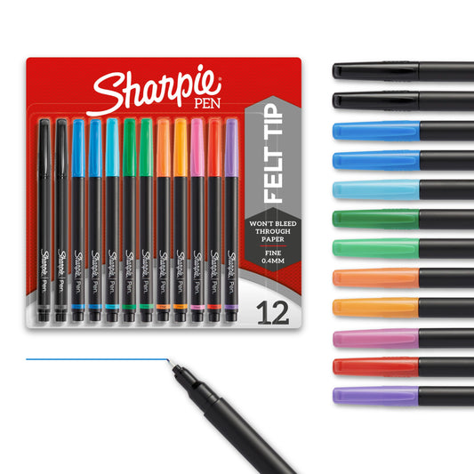 Sharpie Felt Tip Pens, Fine Point (0.4mm), Assorted Colors, 12 Count - Journaling, Art, Drawing, Markers