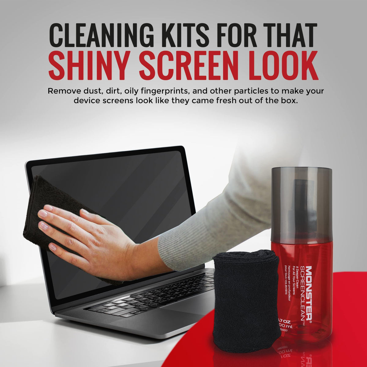 Monster Screen Cleaner Kit with Microfiber Cloth, 6.7 oz (200 mL) Monitor Cleaning Spray for HDTVs, Laptops, Tablets, Smartphones and Eyeglasses, White/Black/Red