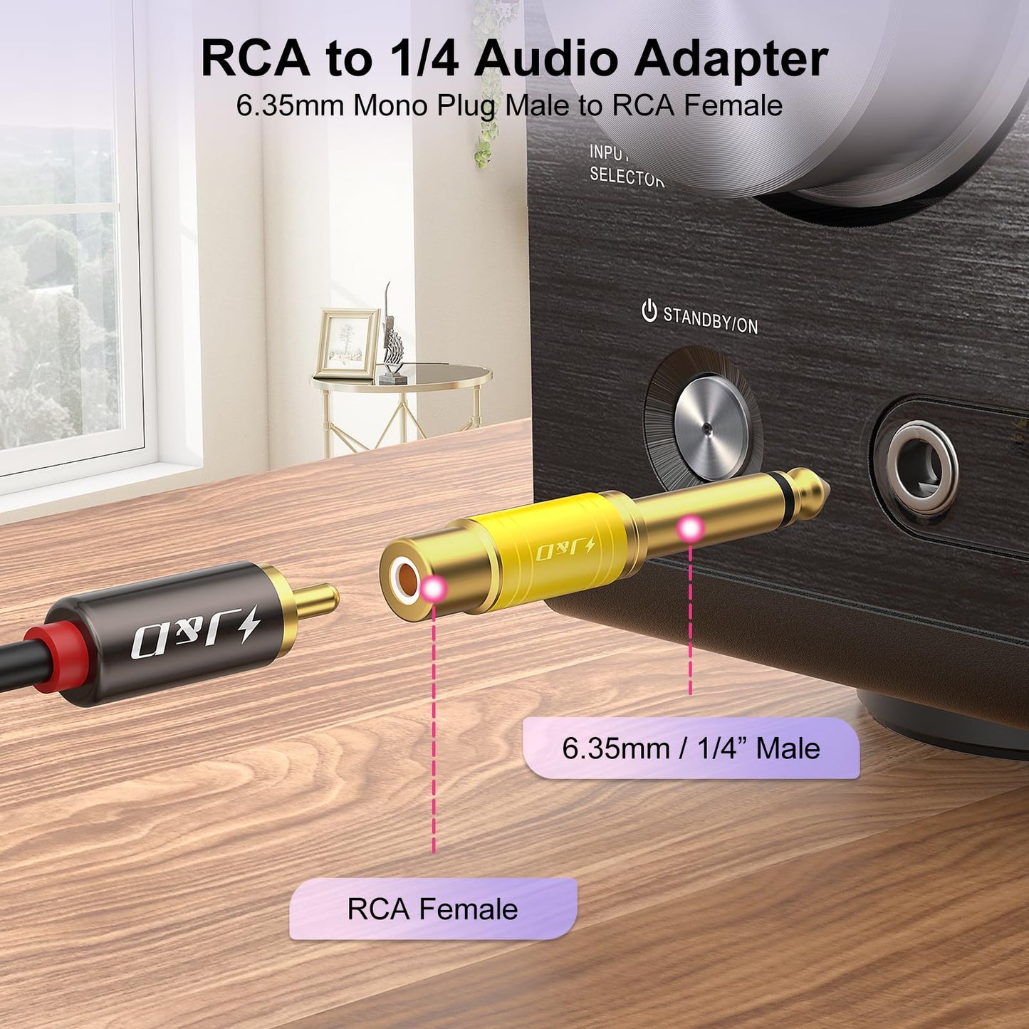 J&D RCA to 1/4 Audio Adapter 4-Pack, 6.35mm Mono Plug Male to RCA Female Connector, Gold-Plated Guitar Connectors, Yellow