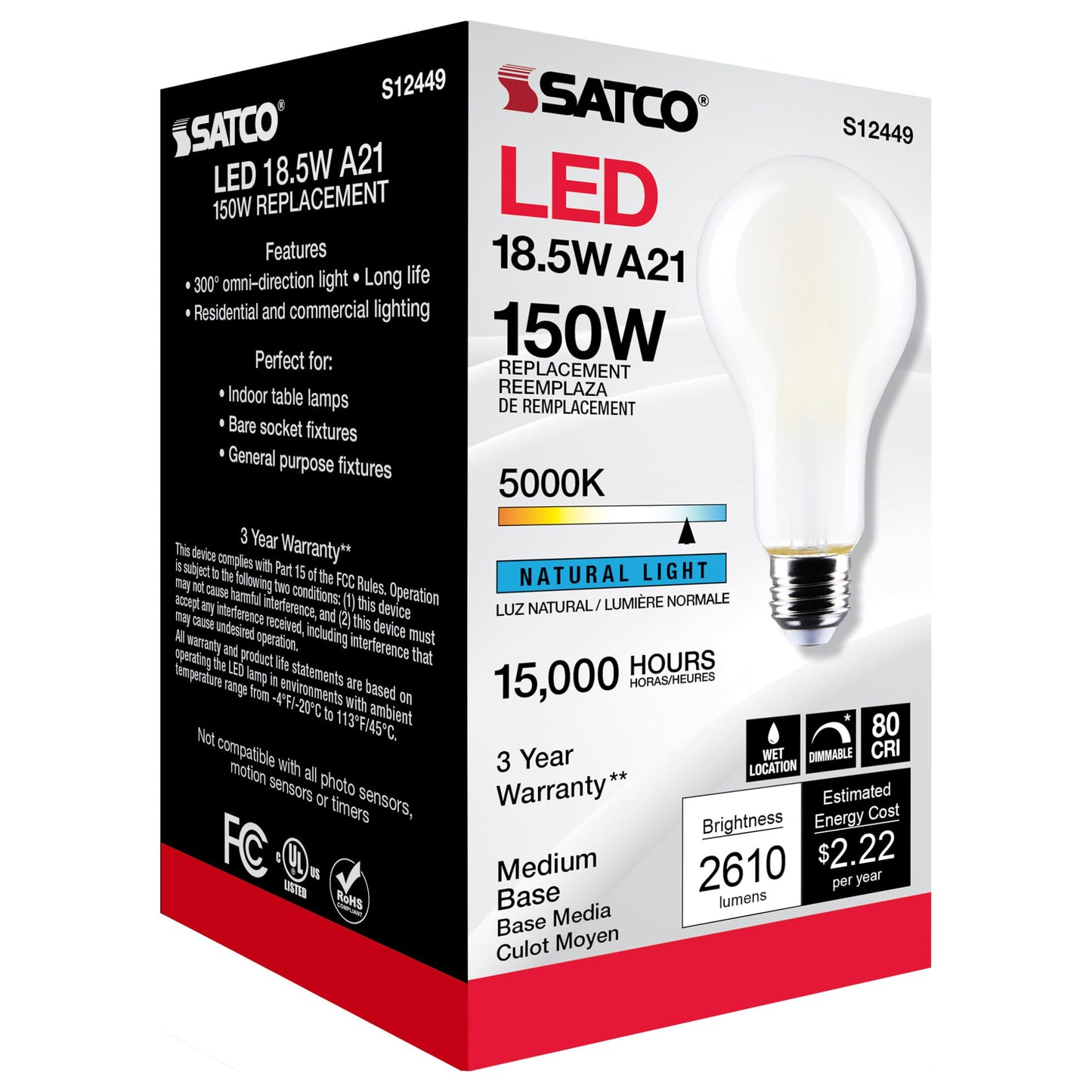 Satco S12449 LED High-Lumen A21 Filament Bulb, 150W Replacement, White, 18.5 Watts
