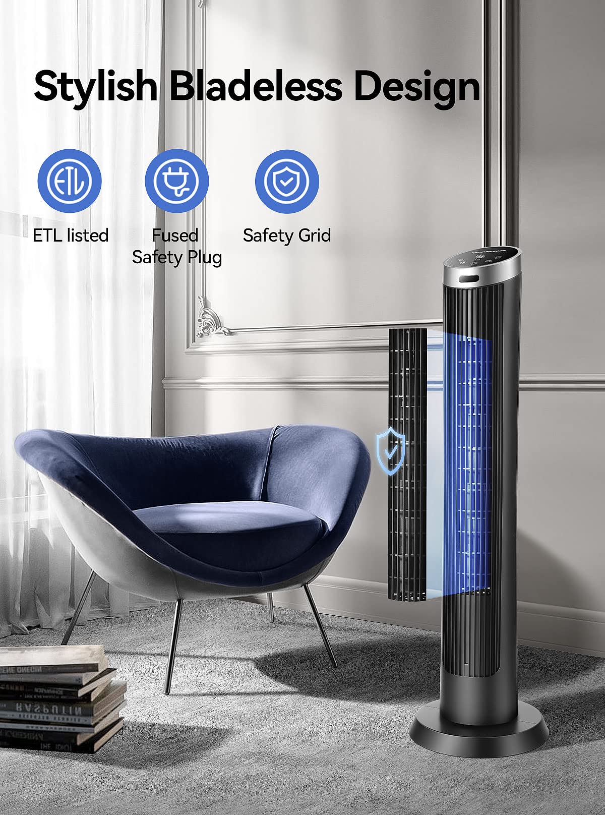 OmniBreeze Digital Electric Tower Fan, with Remote Control, LED Display, Standing Bladeless Floor Fans Cooling and Quite Indoor Living Room Bedroom