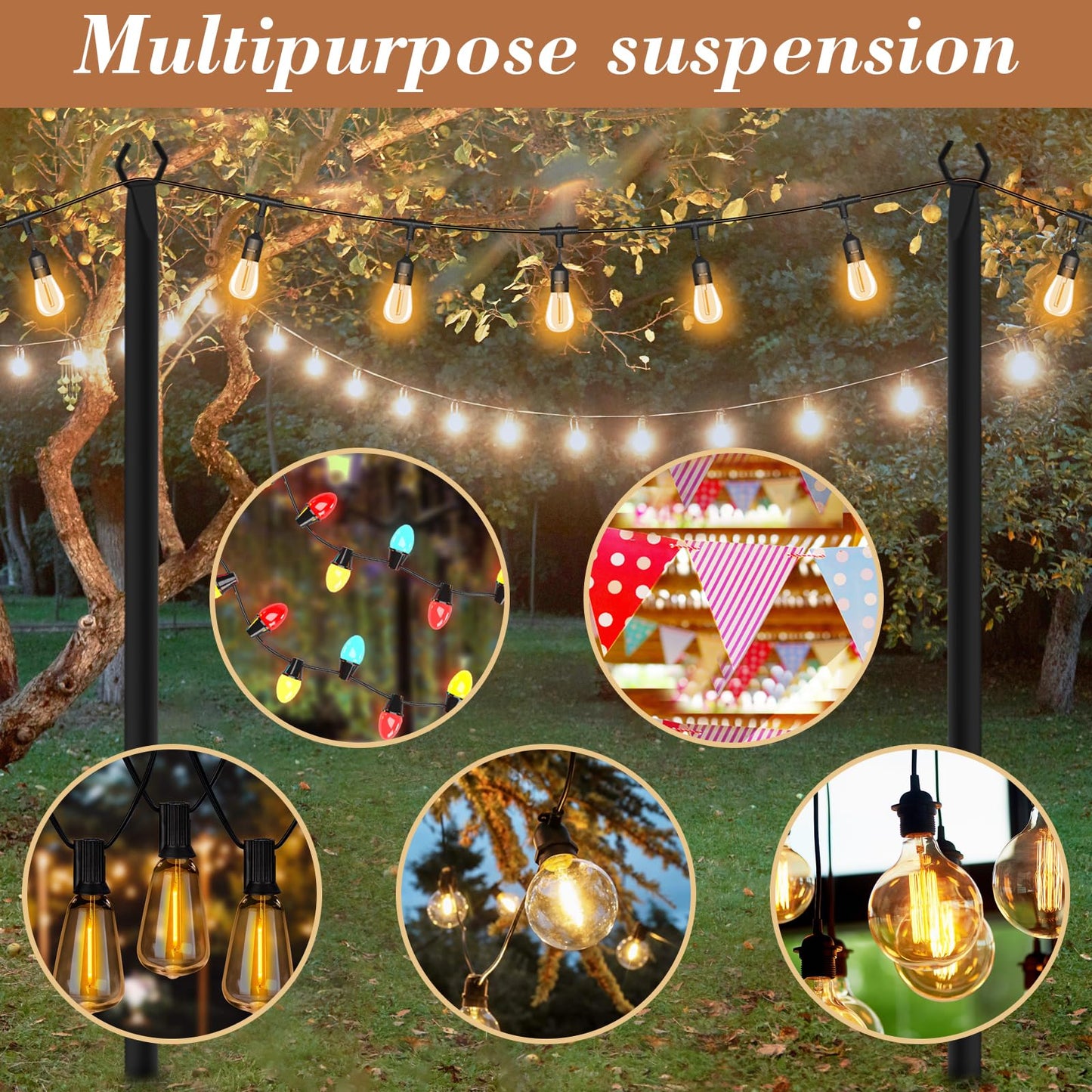 NUERPO 7 Pack String Light Poles,Metal Poles for Hanging Outdoor Light Strings,7 Pack 10 FT Light Poles Stand for Outside