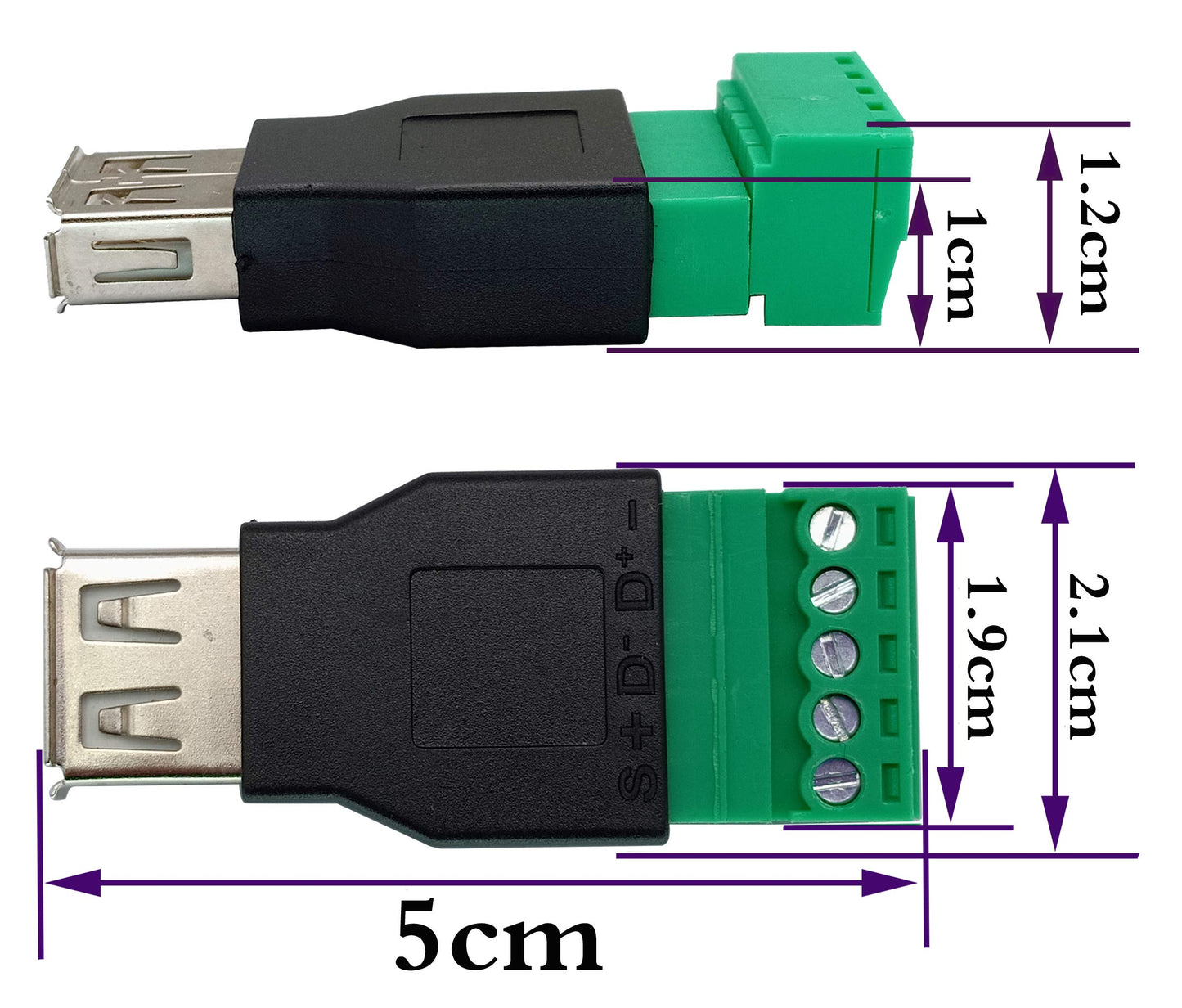 AAOTOKK USB 2.0 A Screw Terminal Block Adapter USB 2.0 A Female to 5 Pin/Way Female Bolt Screw Shield terminals Pluggable Type Adapter Connector