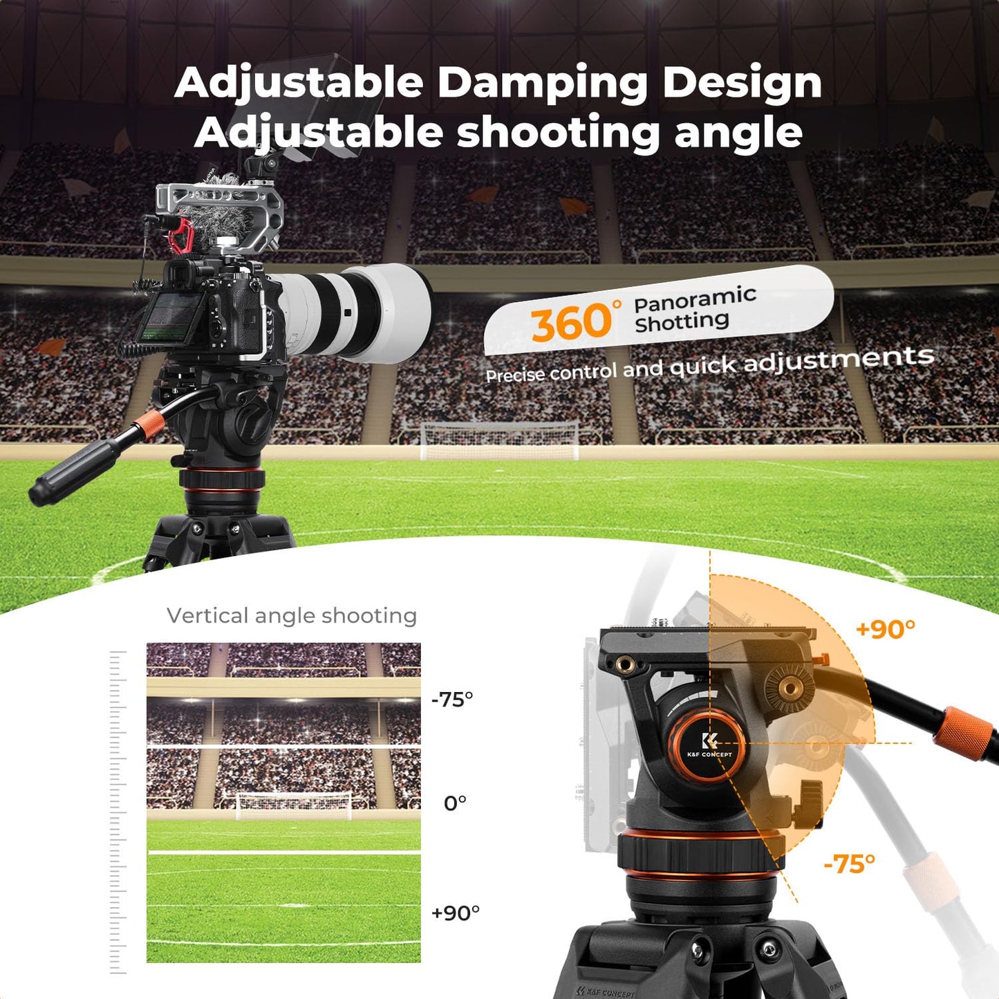 K&F CONCEPT Professional Fluid Head, Silky-Smooth Fluid Head Tripod for Video Stable Tripod Head Mount Max Load 22lbs/10kg, Net Weight 1.46KG Tripod