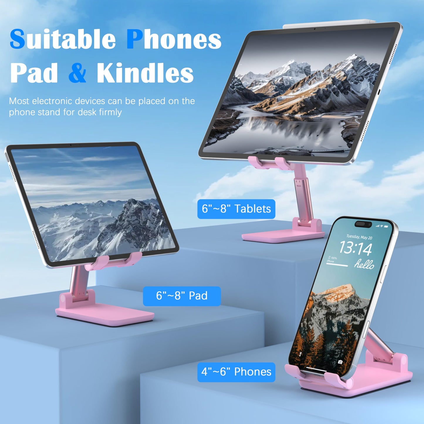 HZZADZXW Cell Phone Stand, Adjustable Angle and Height Cell Phone Holder for Desk, Foldable and Portable, Anti-Slip Silicone Pad, Compatible with All