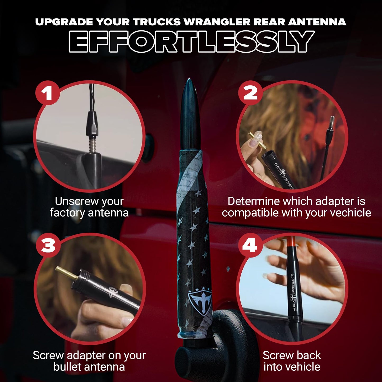 Alpha Defense Round Style Antenna 50 Cal Round Shaped Aluminum Rust Resistant 5.5" Jeep Wrangler + Most Trucks Radio Antenna + Face Shield Alpha