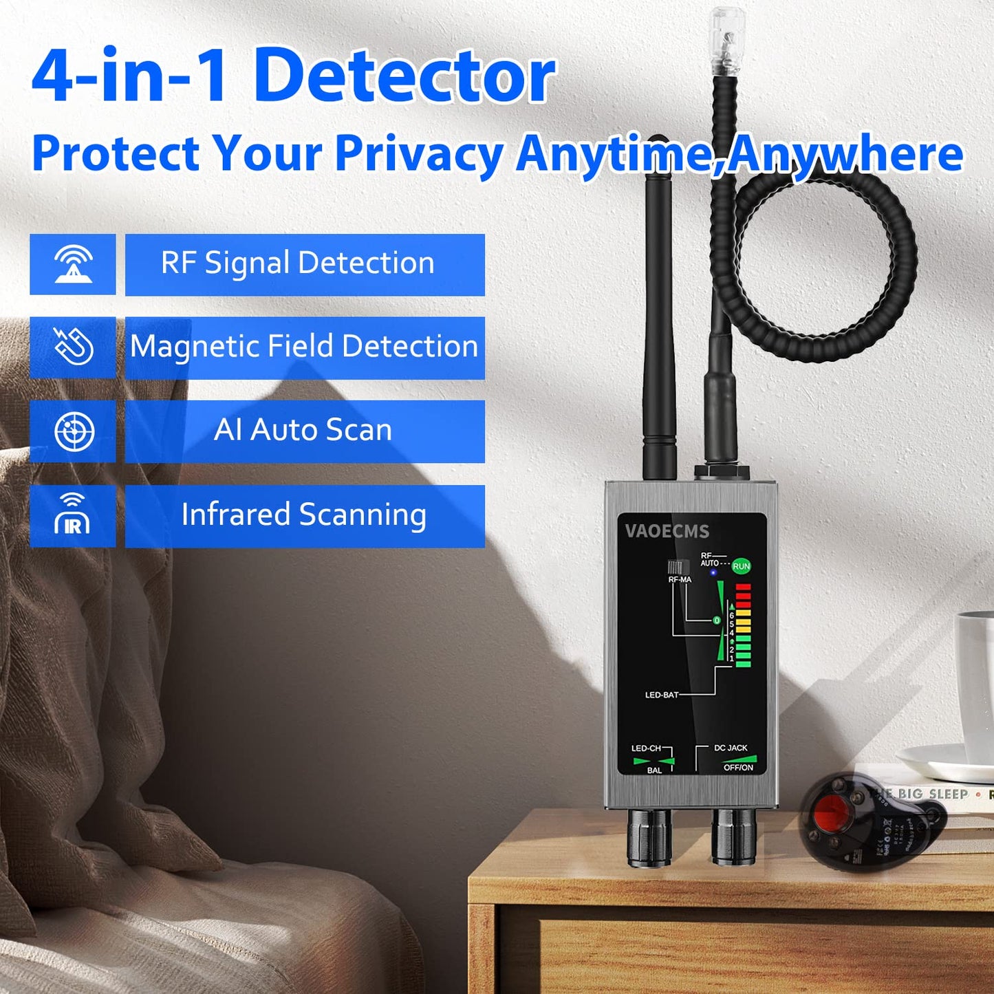 VAOECMS Hidden Camera Detector, Bug Detector, Camera Finder, Portable Hidden Devices Detector for Privacy Protection
