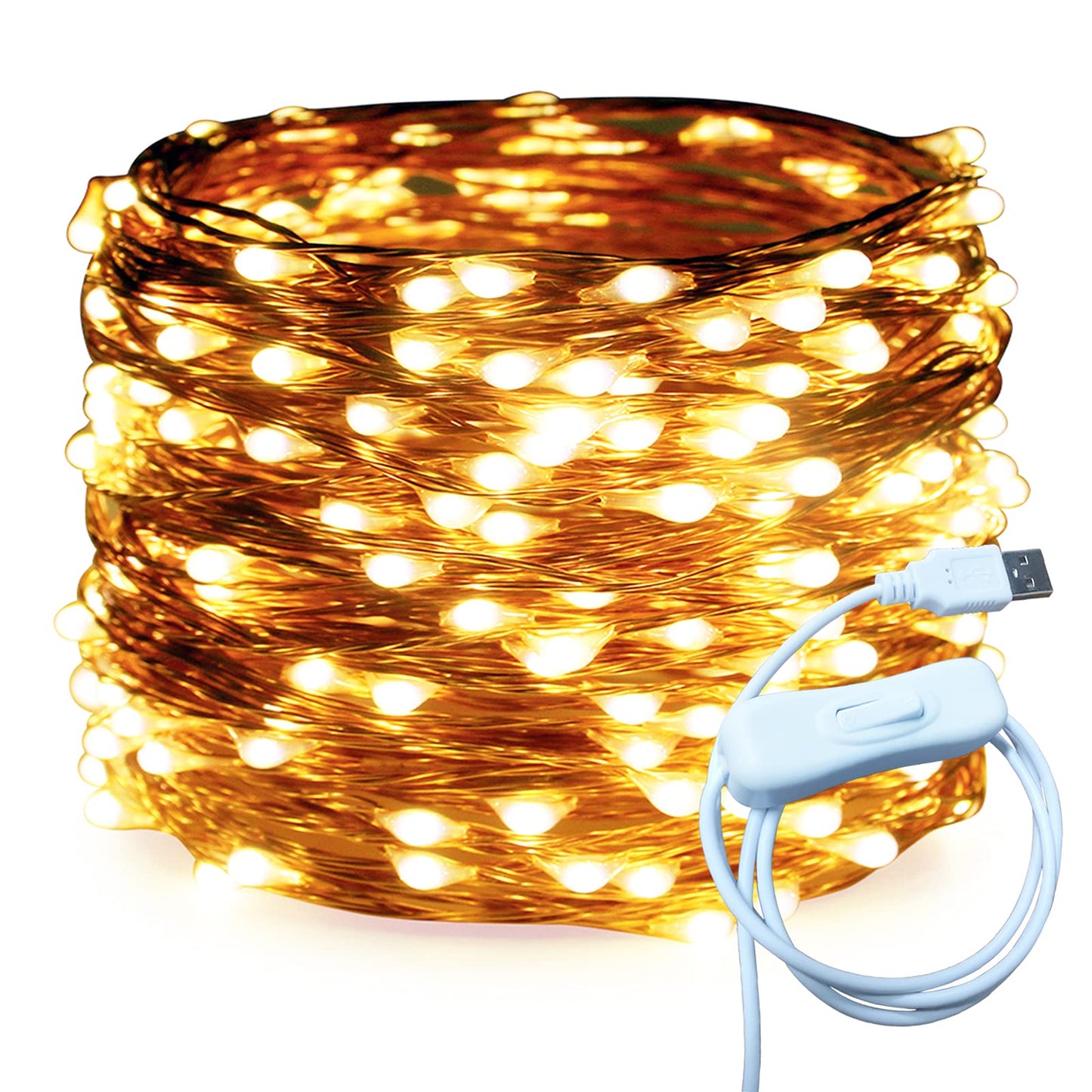 RUICHEN Copper Wire 66 Ft 200 LED USB Fairy String Lights with On/Off Switch, Warm White