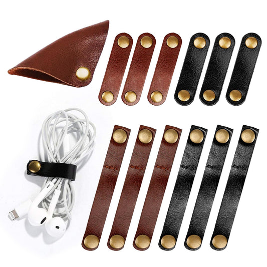 Kanemc 13Pcs Leather Cord Organizer, 3-Sizes Leather Cable Ties Taco Snap On Cord Holders Cord Keepers For Travel, USB Charging Cable Strap Winder